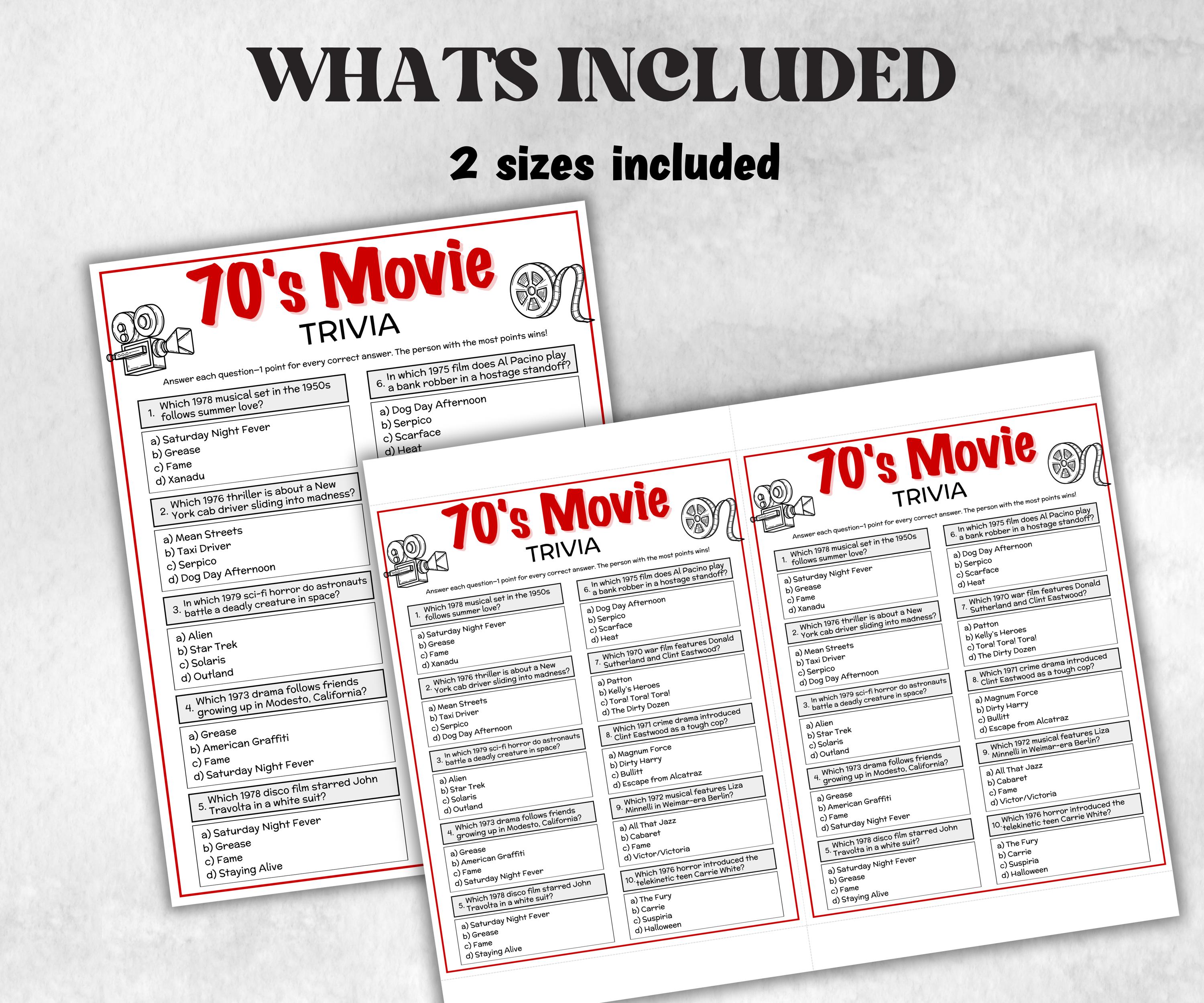 1970s Movie Trivia Game, Decades Movie Quiz, Silver Screen Movie Quote Trivia, 50th Birthday, senior game Night, Movie Award Ceremony Party-Holidays -TheHustlingCatLady-Party Games