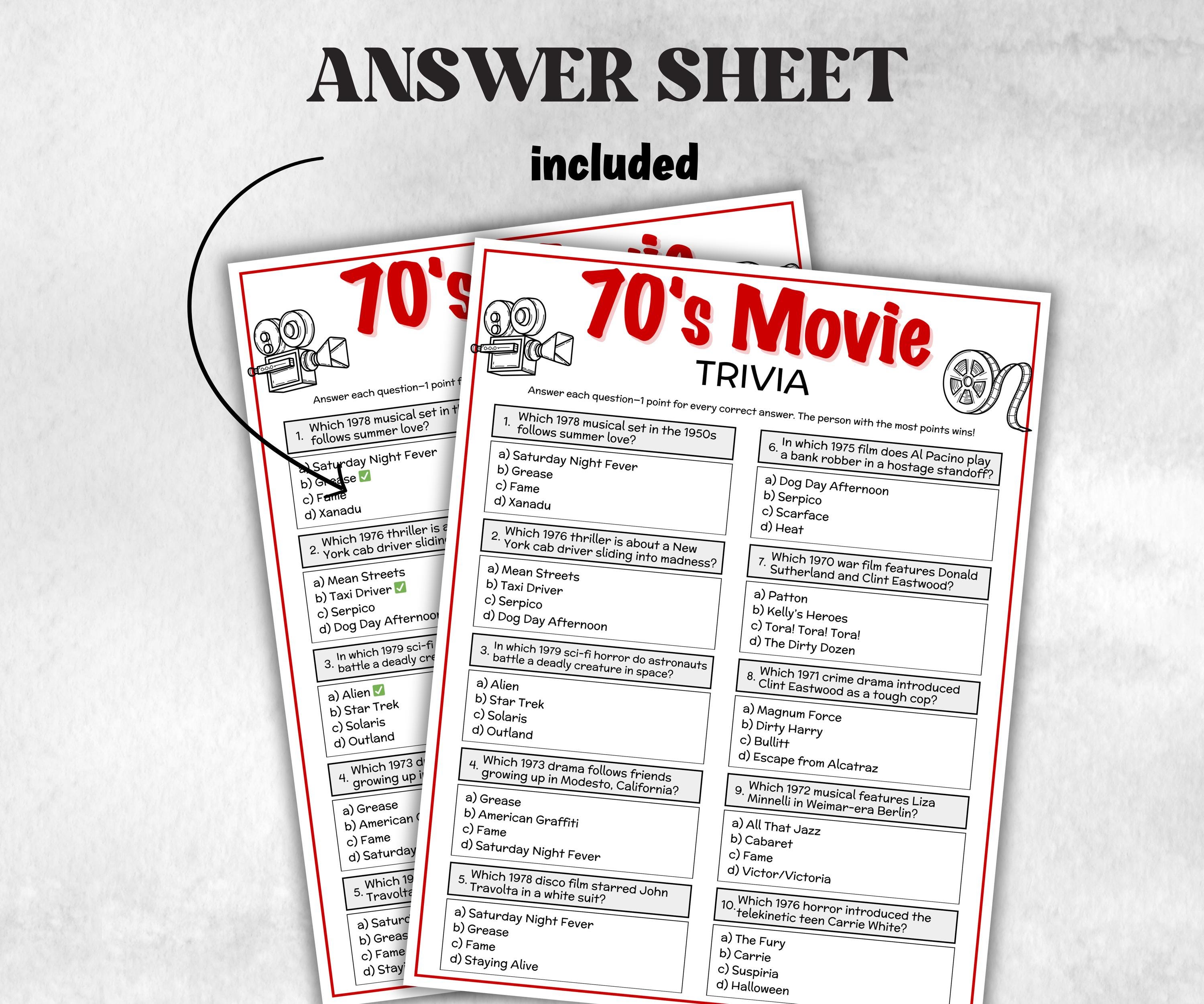 1970s Movie Trivia Game, Decades Movie Quiz, Silver Screen Movie Quote Trivia, 50th Birthday, senior game Night, Movie Award Ceremony Party-Holidays -TheHustlingCatLady-Party Games