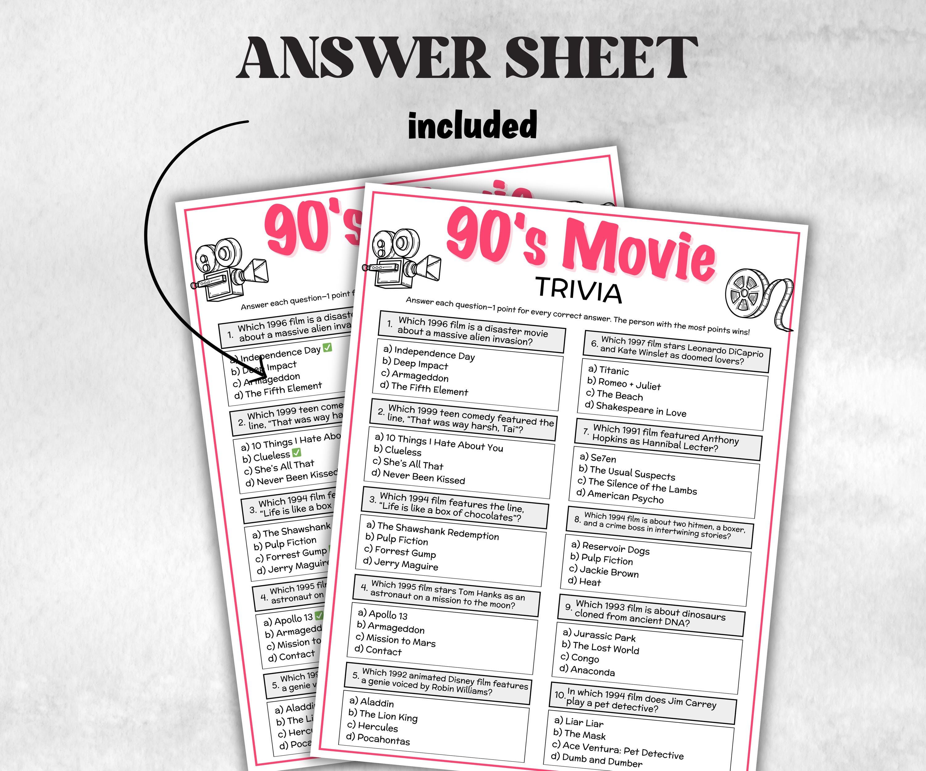 1990s Movie Trivia Game, Decades Movie Quiz, Silver Screen Movie Quote Trivia, 30th birthday party, Family Movie Night, Award Ceremony Party-Holidays -TheHustlingCatLady-Party Games