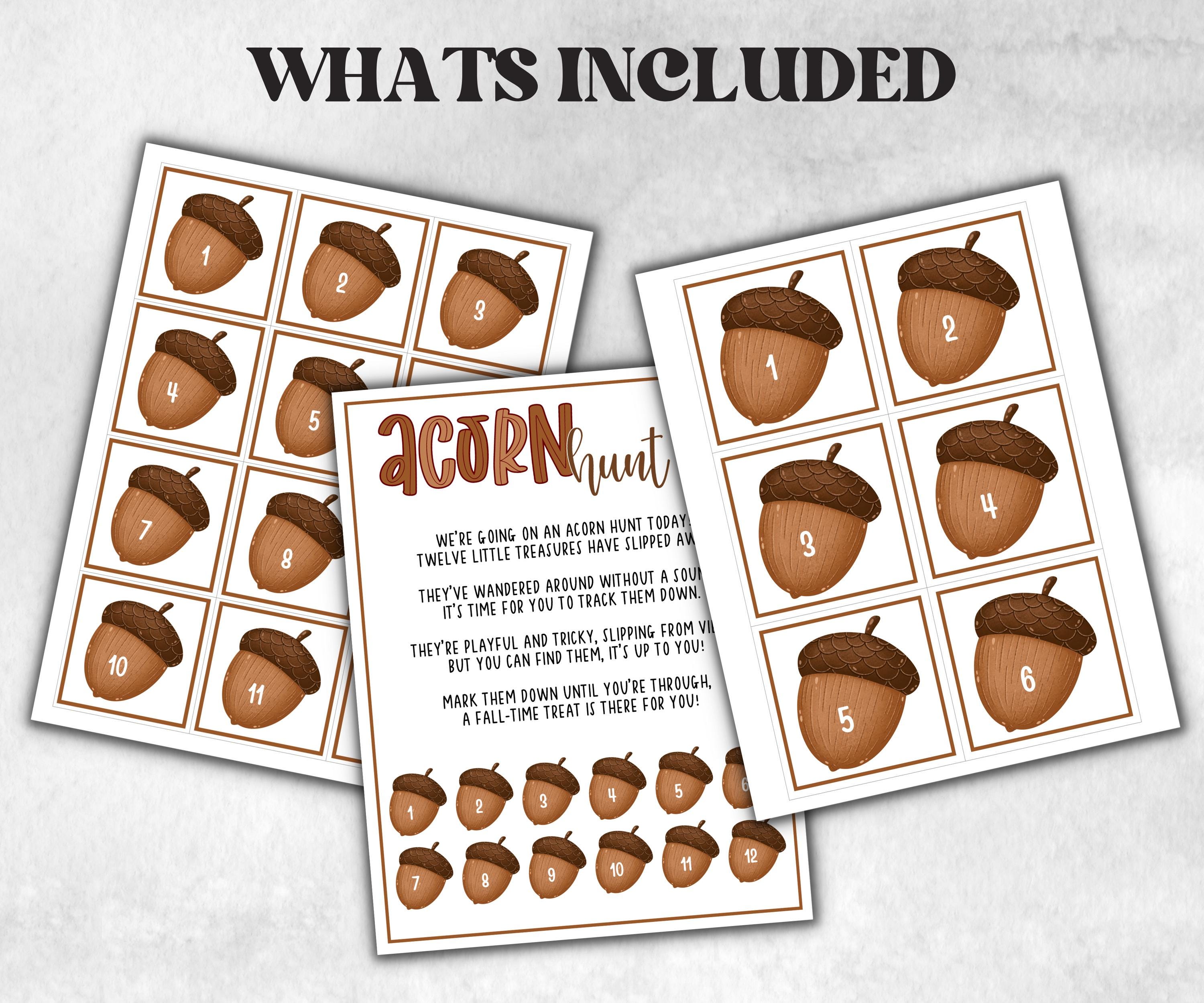 Acorn scavenger hunt game, fall harvest hunt, thanksgiving games, autumn home hunt, fall neighborhood, family game night, treasure hunt clue-Thanksgiving -TheHustlingCatLady-Party Games