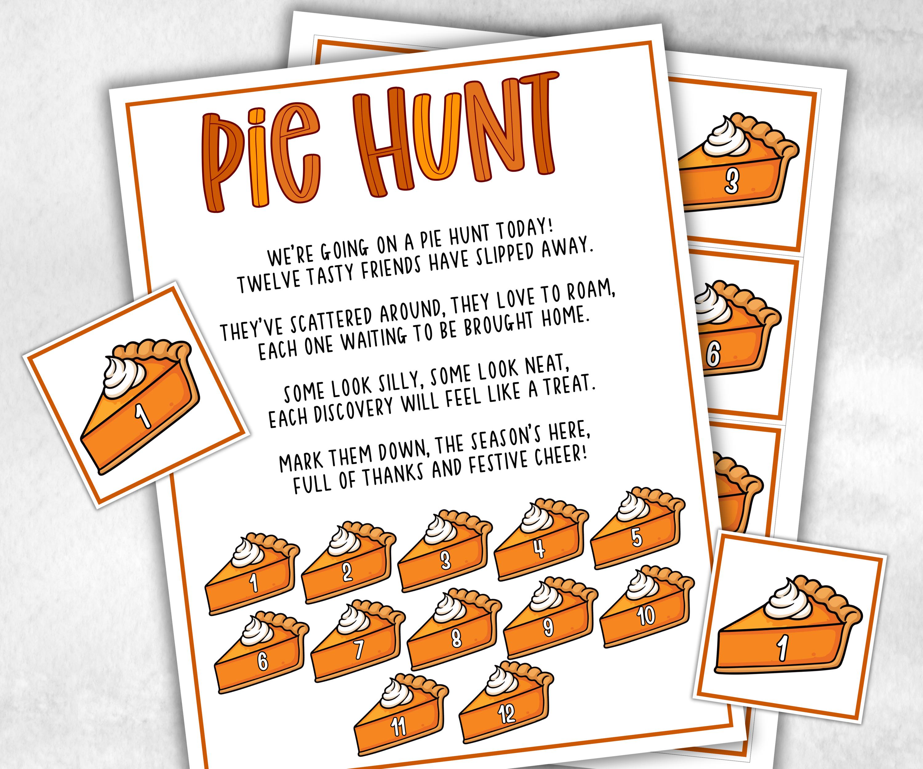 Pie scavenger hunt game, fall harvest hunt, Pumpkin Apple Pie, autumn home hunt, fall neighborhood, family game night, scavenger hunt clues-Thanksgiving -TheHustlingCatLady-Party Games