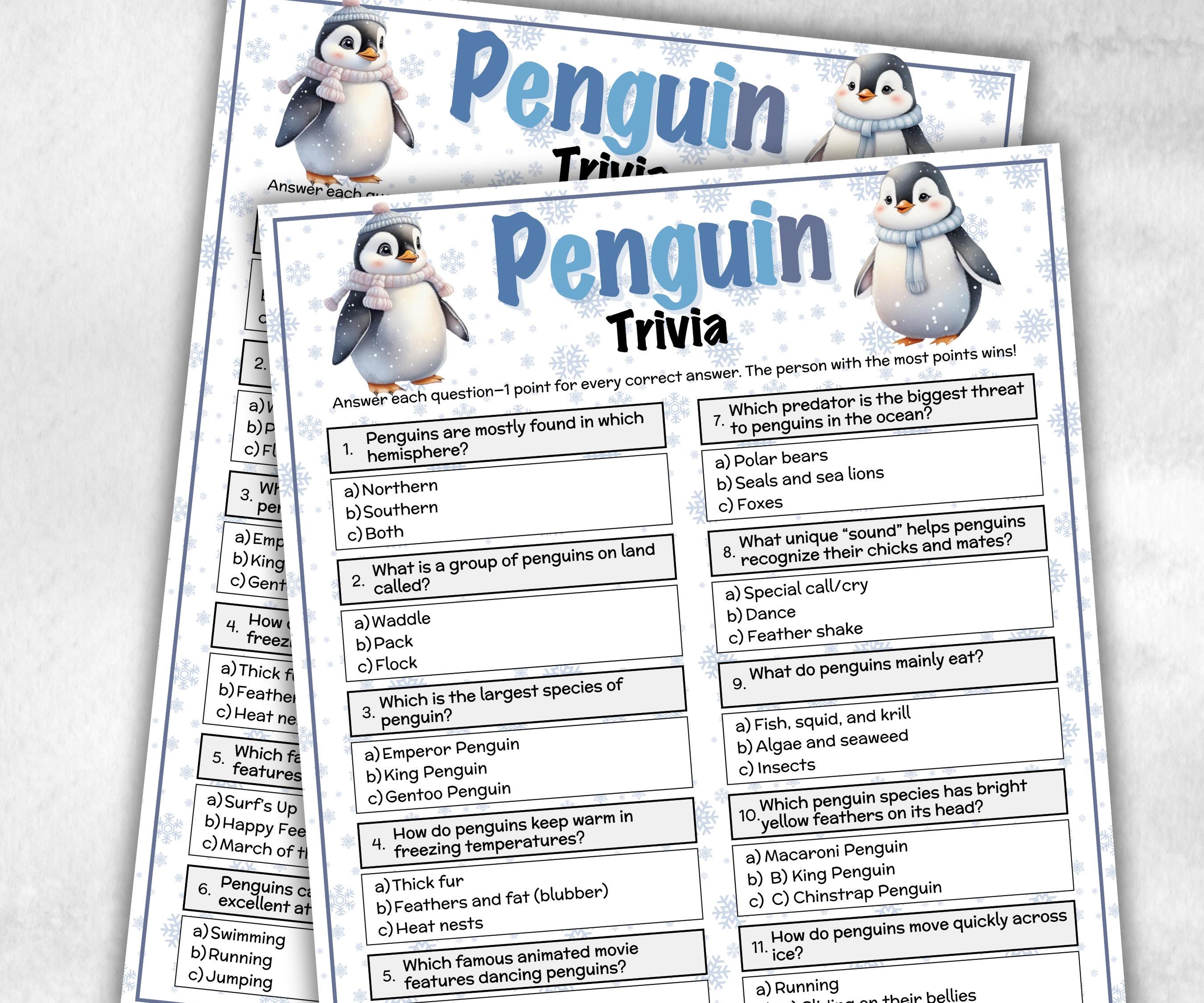 Printable Penguin Trivia, Gift Bag, xmas party idea, celebration group game, home activity, seniors trivia, winter rainy snow day,fundraiser-Christmas -TheHustlingCatLady-Party Games
