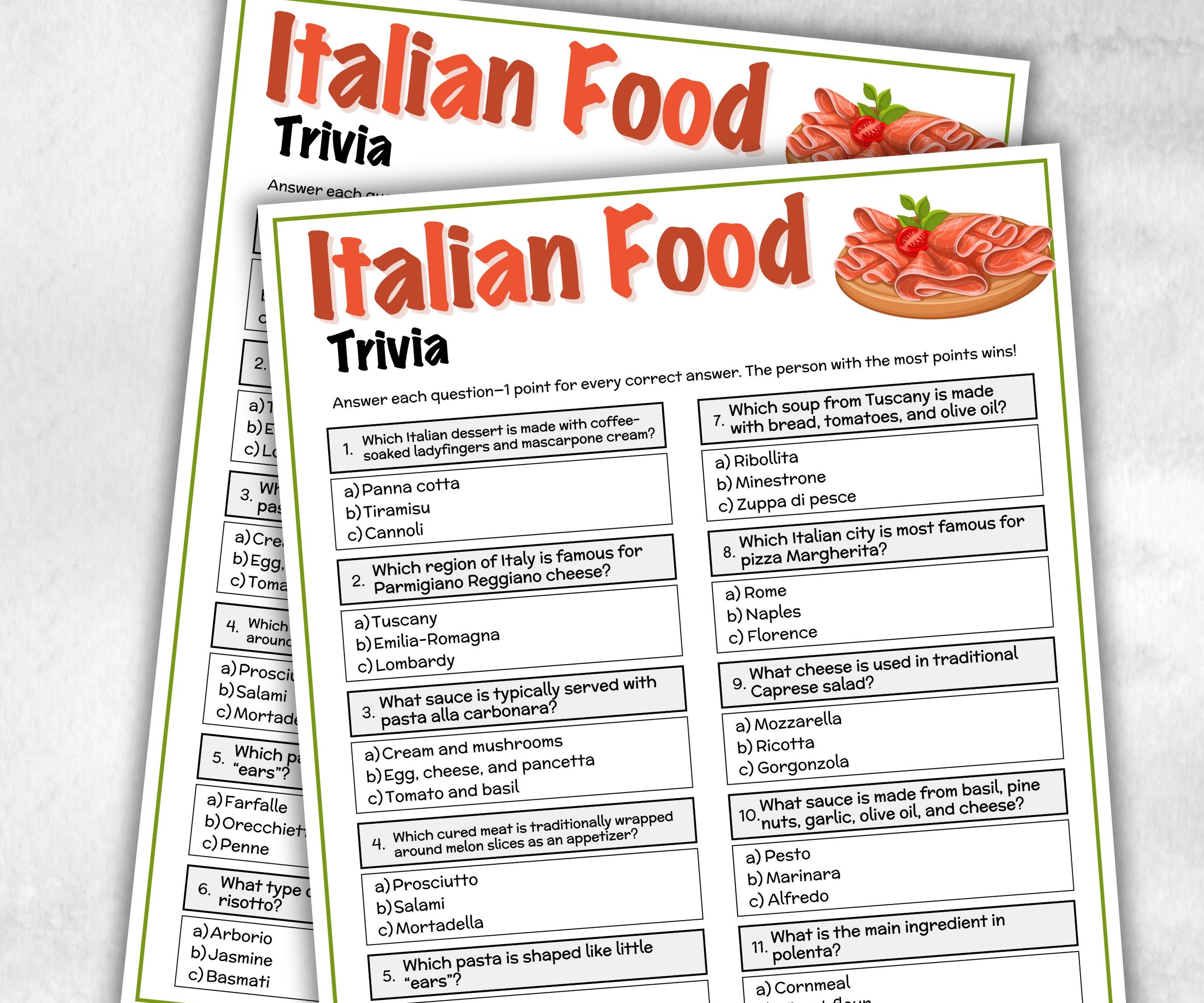 Italian Food Trivia, Family Game Night, Italian Baby Shower, Pizza Pasta Dinner Party, Pasta Party, Games For Seniors, Italian Food Cooking-Holidays -TheHustlingCatLady-Party Games