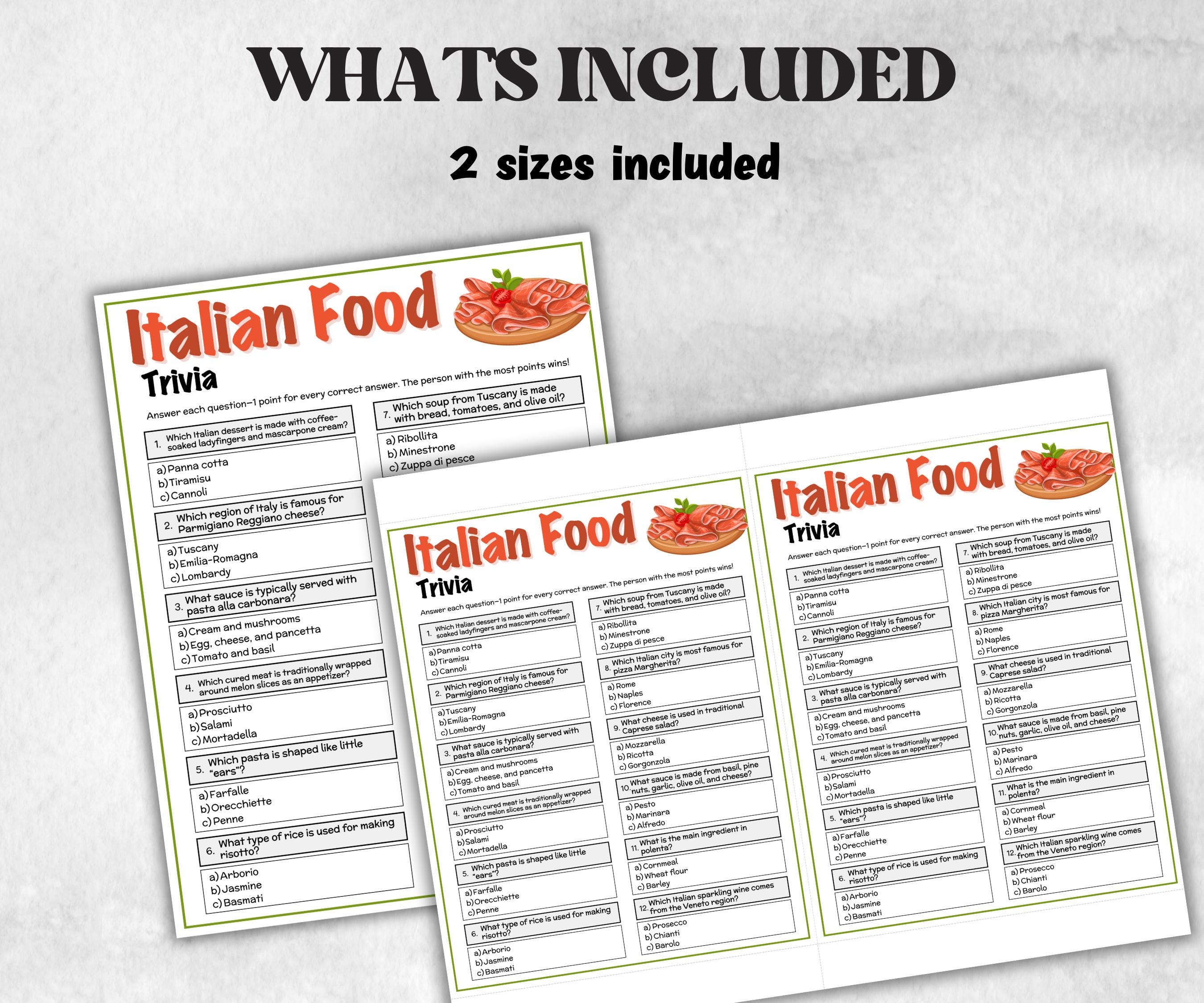 Italian Food Trivia, Family Game Night, Italian Baby Shower, Pizza Pasta Dinner Party, Pasta Party, Games For Seniors, Italian Food Cooking-Holidays -TheHustlingCatLady-Party Games