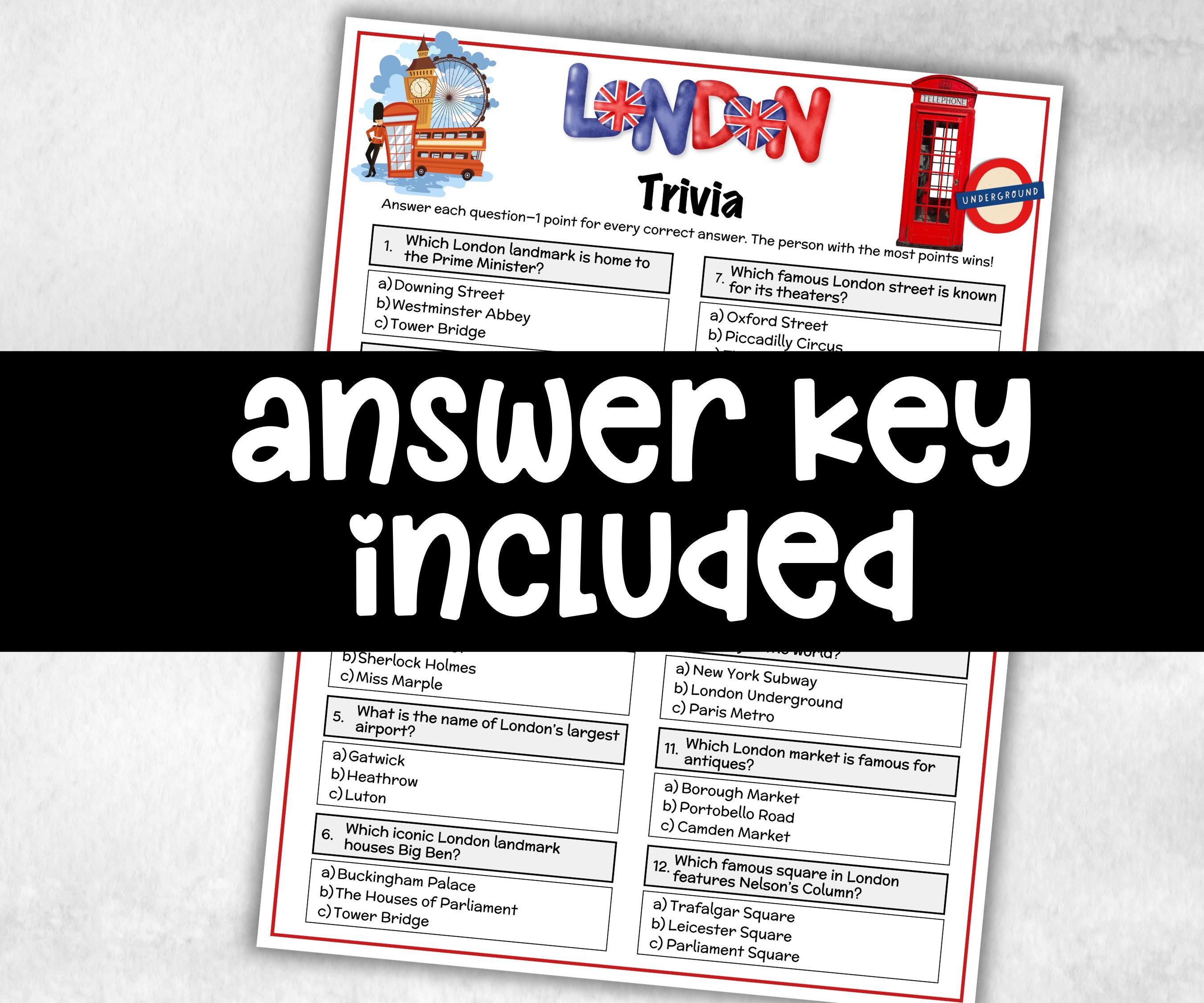 London Trivia Game, Family Game Night, London Landmarks, Pub Quiz Sheets, Family Quiz Night,Table Quiz, Fun Trivia Questions,Travel Vacation-Holidays -TheHustlingCatLady-Party Games