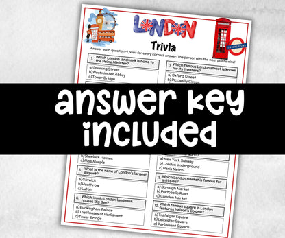 London Trivia Game, Family Game Night, London Landmarks, Pub Quiz Sheets, Family Quiz Night,Table Quiz, Fun Trivia Questions,Travel Vacation-Holidays -TheHustlingCatLady-Party Games