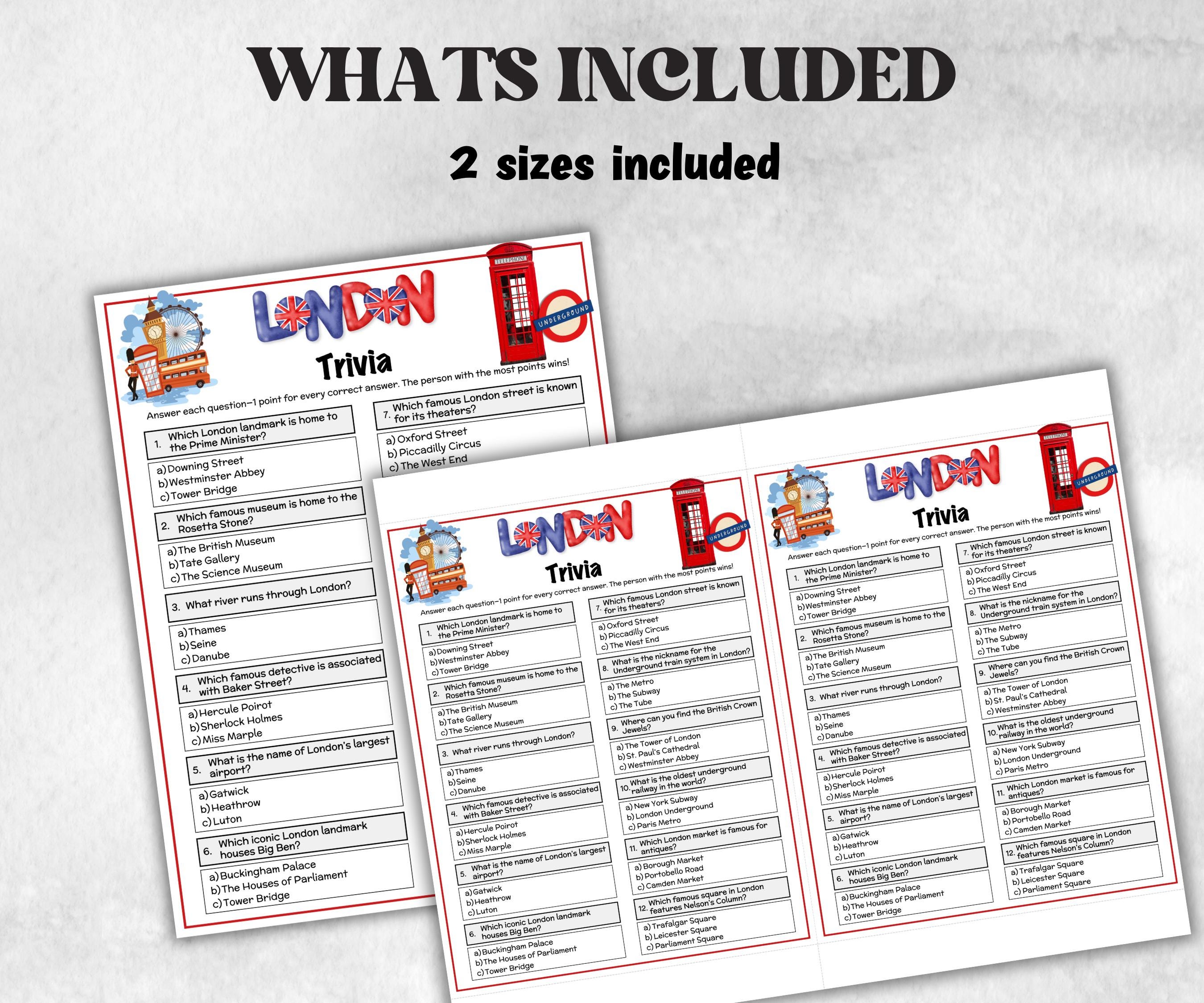 London Trivia Game, Family Game Night, London Landmarks, Pub Quiz Sheets, Family Quiz Night,Table Quiz, Fun Trivia Questions,Travel Vacation-Holidays -TheHustlingCatLady-Party Games