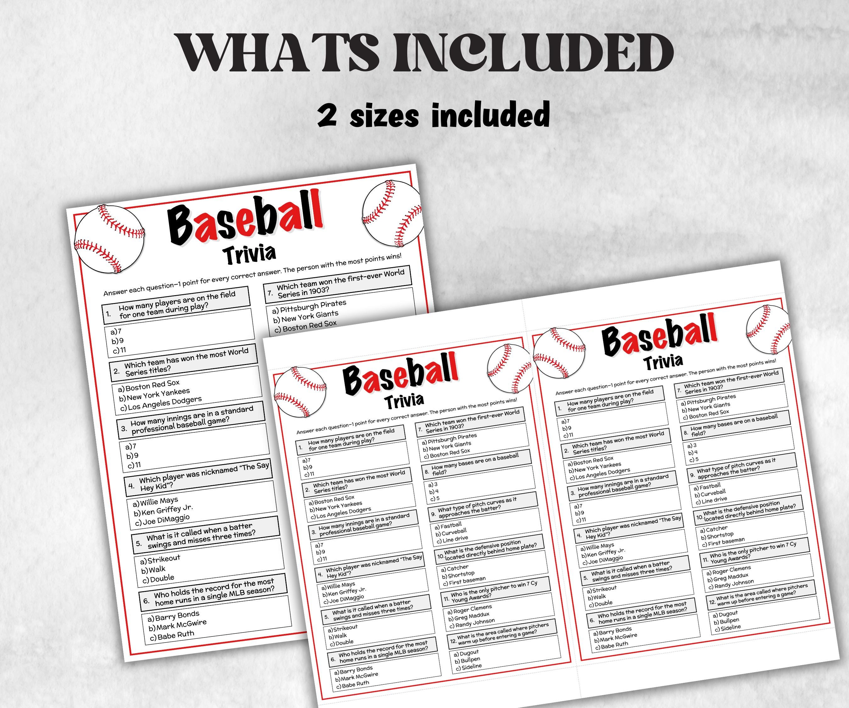 Baseball Trivia Game, Baseball Party, Sports Trivia, Family Game Night, Baseball Birthday Theme, Adults Quiz, world series fan, Questions-Holidays -TheHustlingCatLady-Party Games