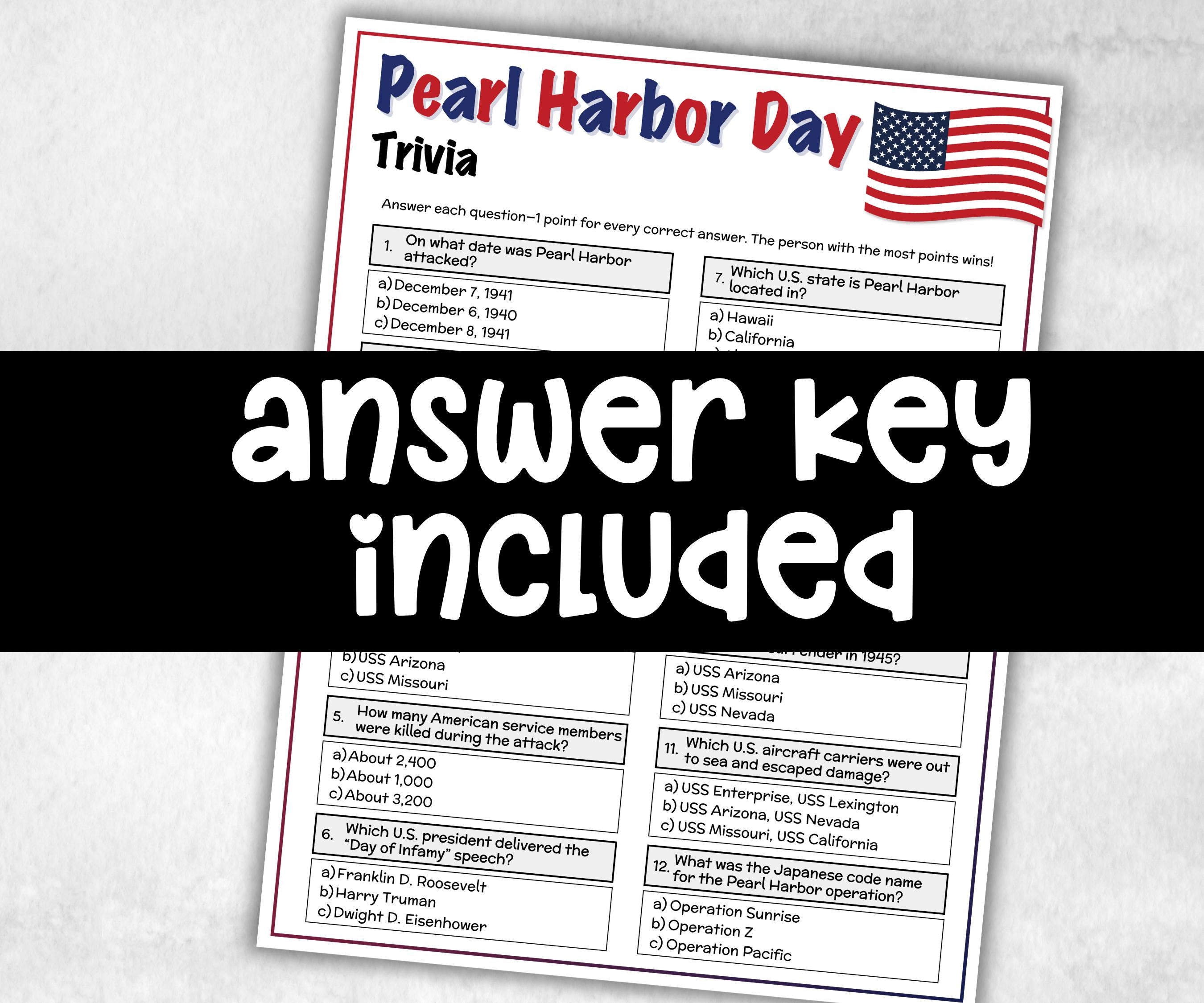 Pearl Harbor Day Trivia, Patriotic Game, uss arizona, infamy, world war 2, american history, military history, veteran, us navy memorial USA-Holidays -TheHustlingCatLady-Party Games