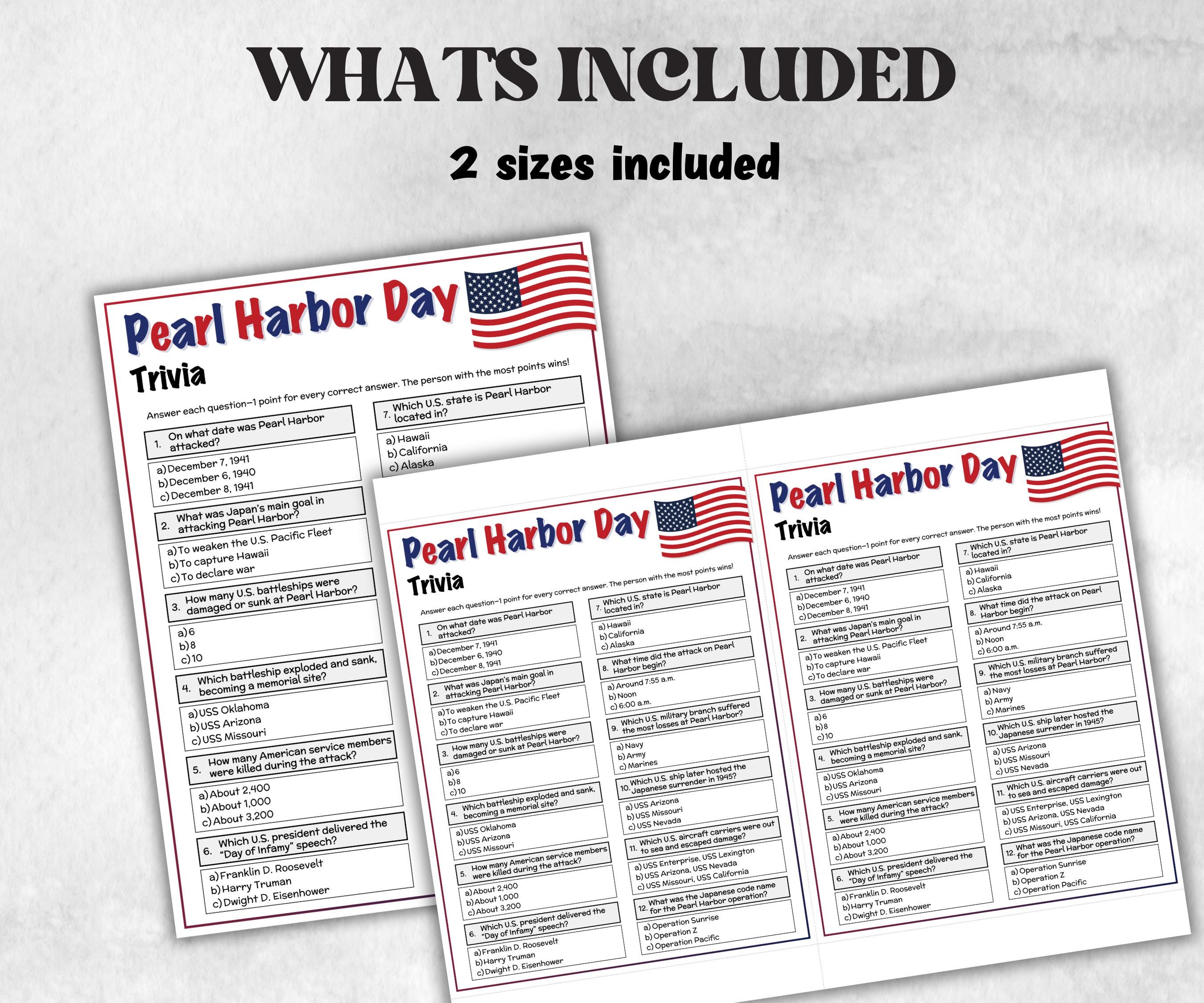 Pearl Harbor Day Trivia, Patriotic Game, uss arizona, infamy, world war 2, american history, military history, veteran, us navy memorial USA-Holidays -TheHustlingCatLady-Party Games