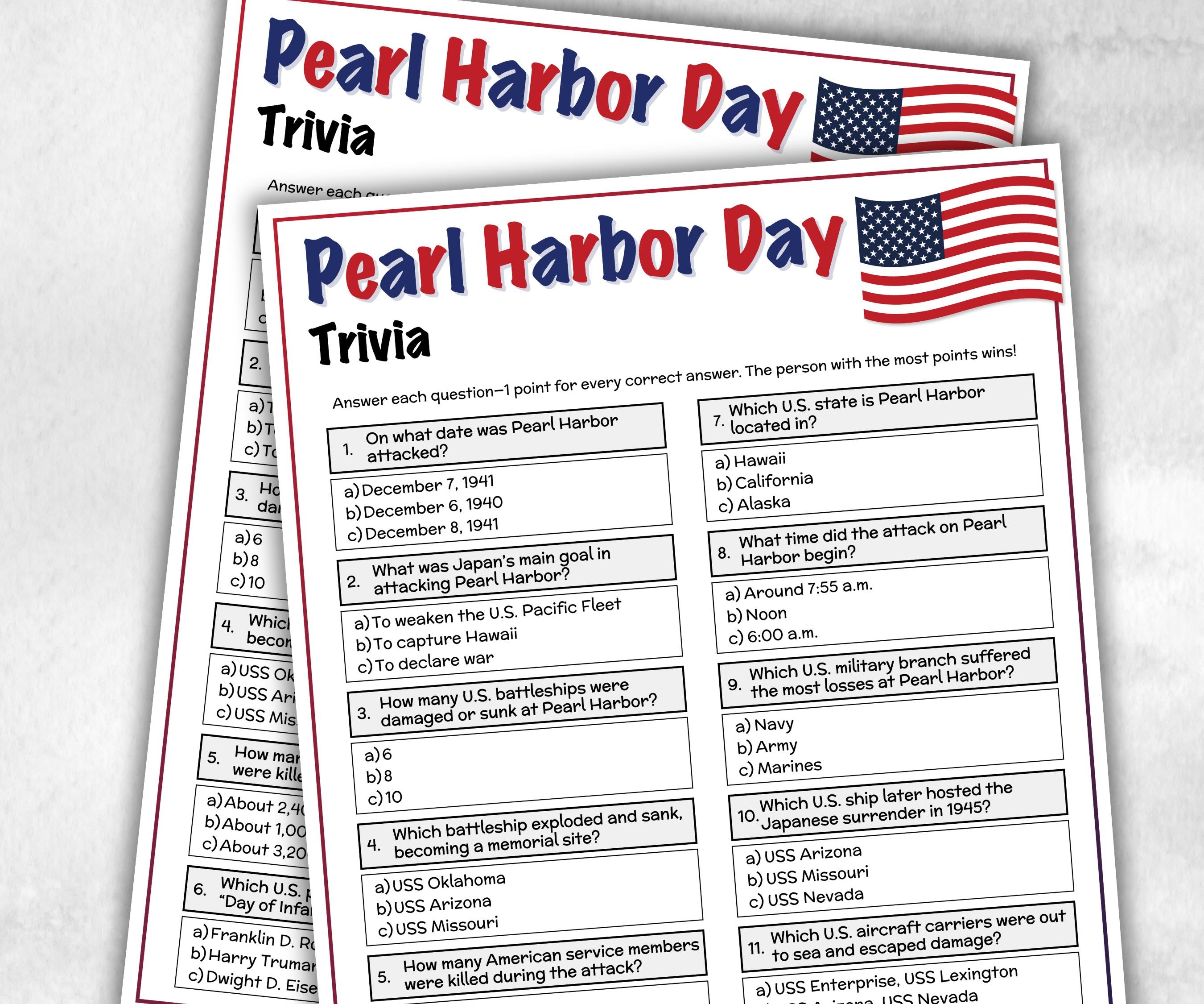Pearl Harbor Day Trivia, Patriotic Game, uss arizona, infamy, world war 2, american history, military history, veteran, us navy memorial USA-Holidays -TheHustlingCatLady-Party Games