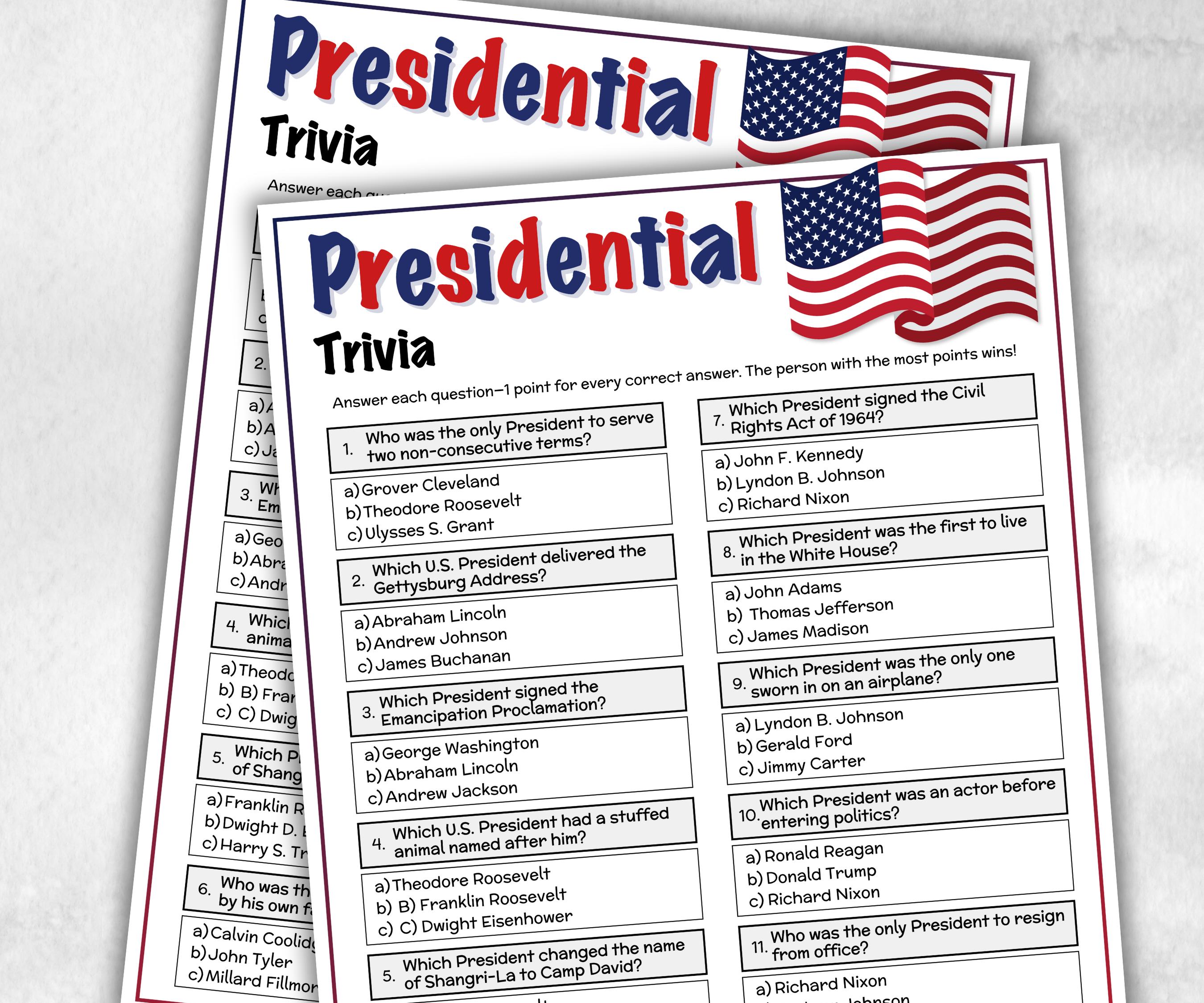 Presidential Trivia, Patriotic Game, Family Game Night Questions, Presidents Day Quiz, Presidents Day, American Trivia, 4th Of July memorial-Holidays -TheHustlingCatLady-Party Games