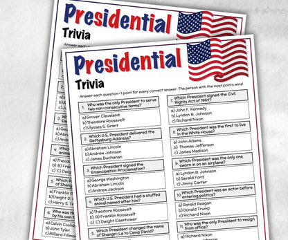 Presidential Trivia, Patriotic Game, Family Game Night Questions, Presidents Day Quiz, Presidents Day, American Trivia, 4th Of July memorial-Holidays -TheHustlingCatLady-Party Games
