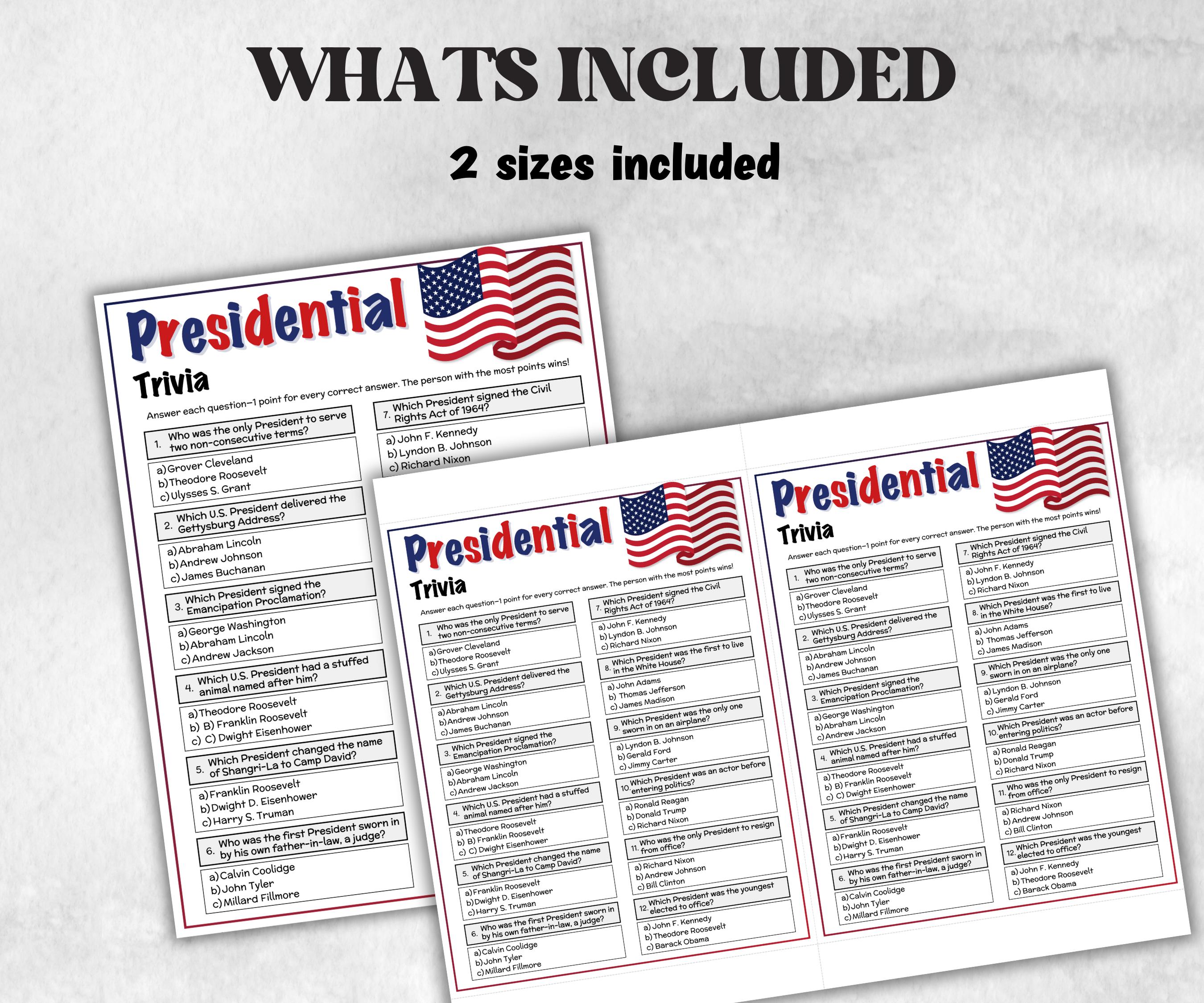Presidential Trivia, Patriotic Game, Family Game Night Questions, Presidents Day Quiz, Presidents Day, American Trivia, 4th Of July memorial-Holidays -TheHustlingCatLady-Party Games
