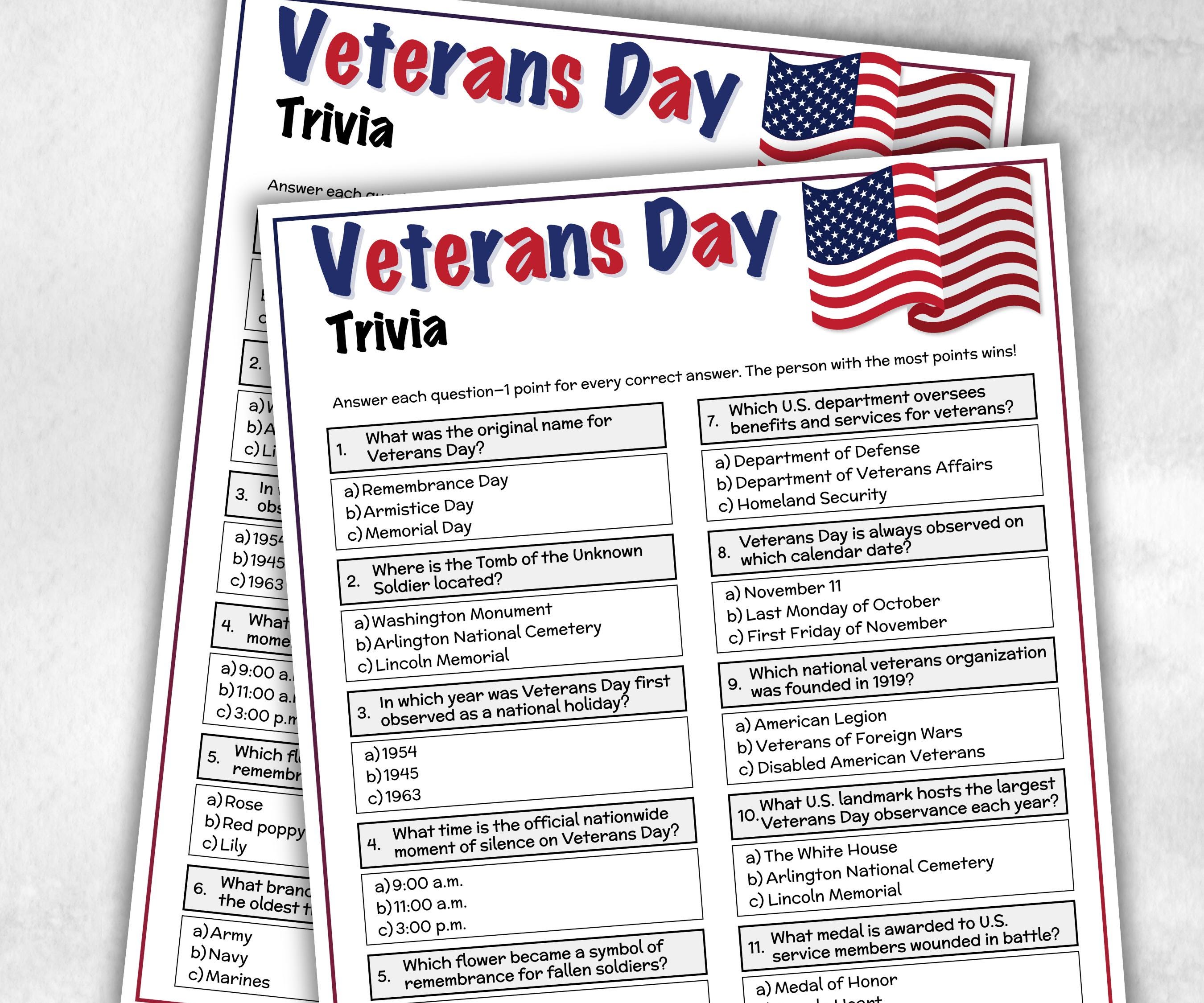 Veterans Day Trivia, Memorial Day, 4th Of July Game, Family Game Night, Patriotic Party Game,Family Reunion Game, Veterans Day Quiz question-Holidays -TheHustlingCatLady-Party Games