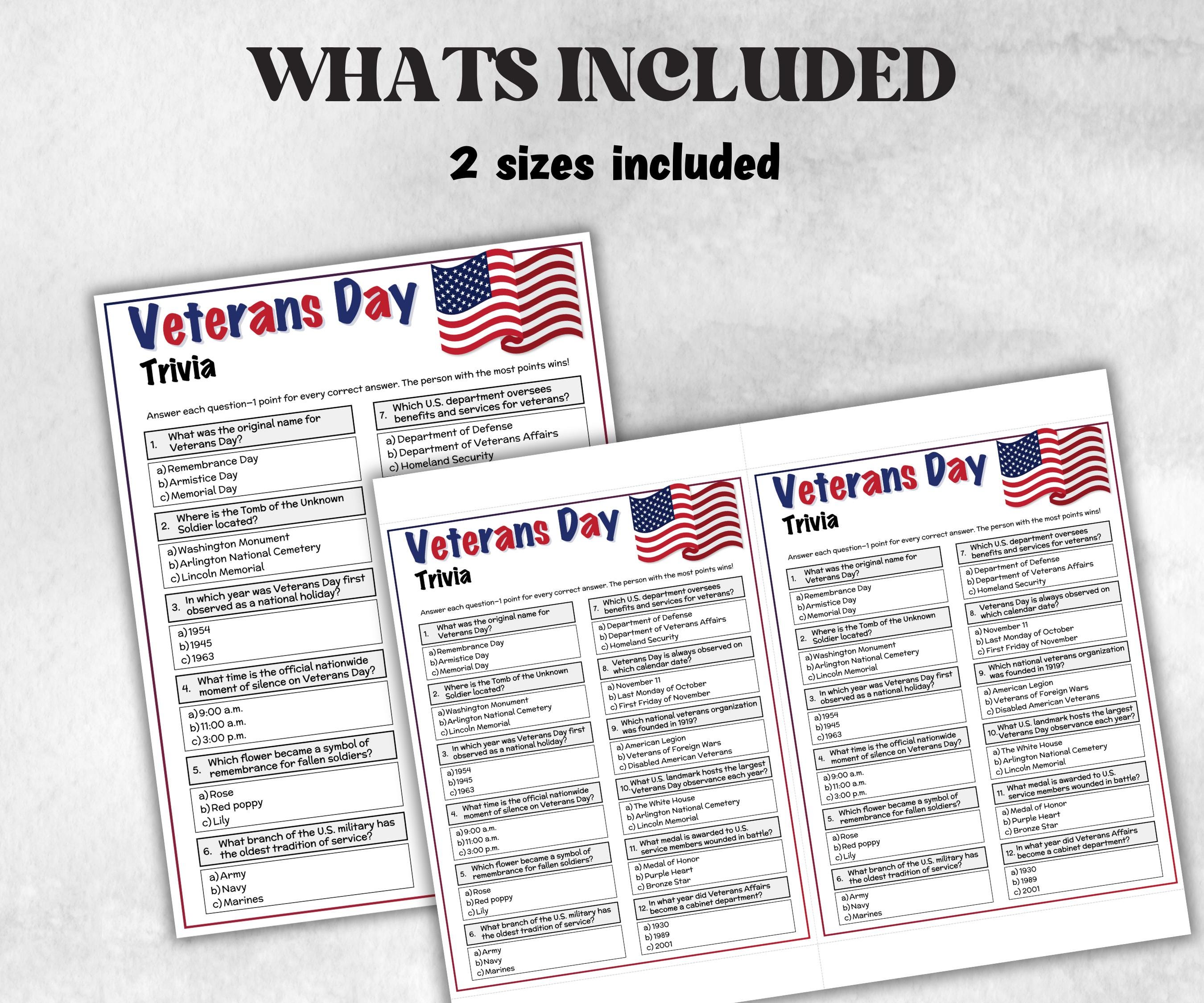 Veterans Day Trivia, Memorial Day, 4th Of July Game, Family Game Night, Patriotic Party Game,Family Reunion Game, Veterans Day Quiz question-Holidays -TheHustlingCatLady-Party Games