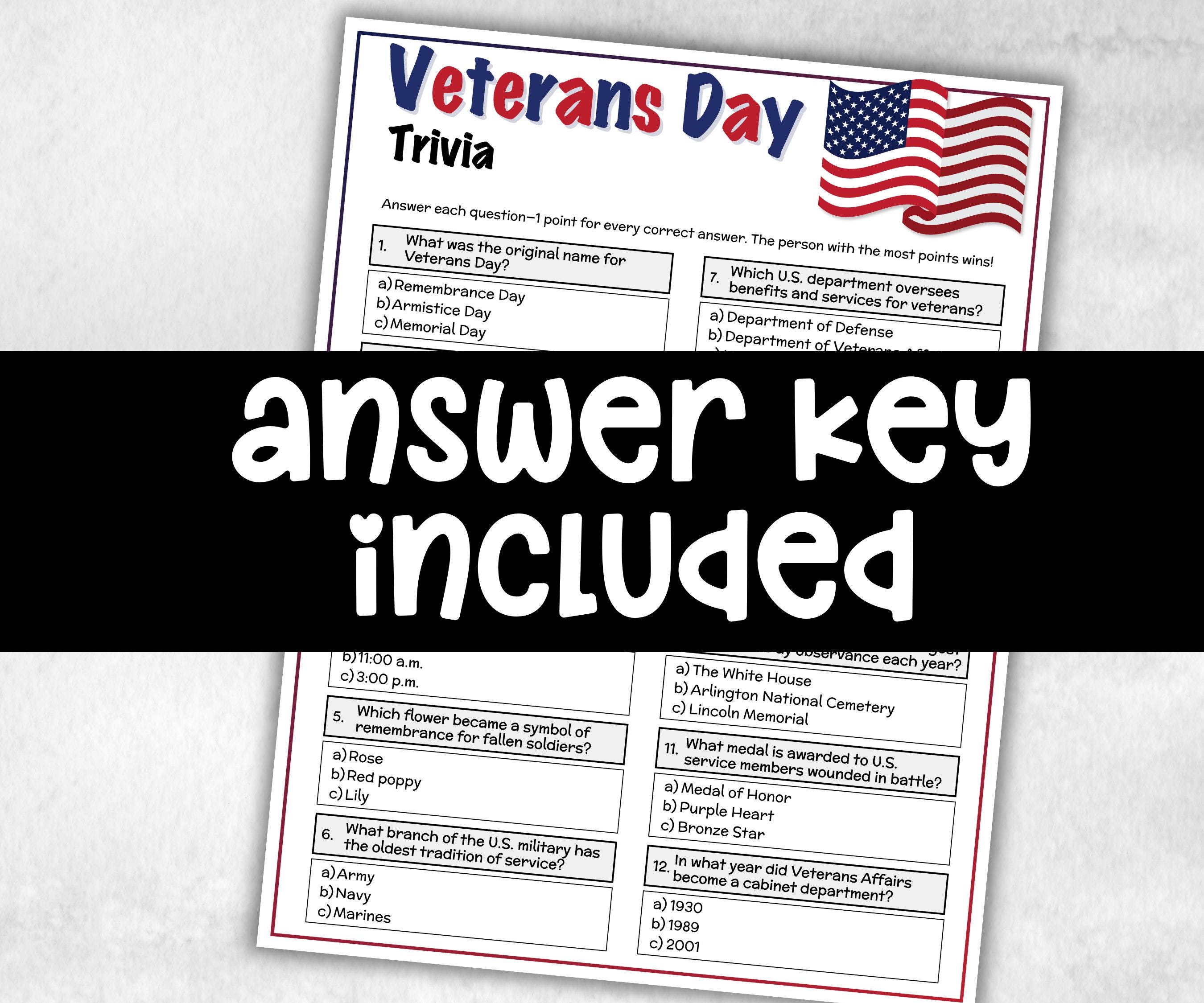Veterans Day Trivia, Memorial Day, 4th Of July Game, Family Game Night, Patriotic Party Game,Family Reunion Game, Veterans Day Quiz question-Holidays -TheHustlingCatLady-Party Games