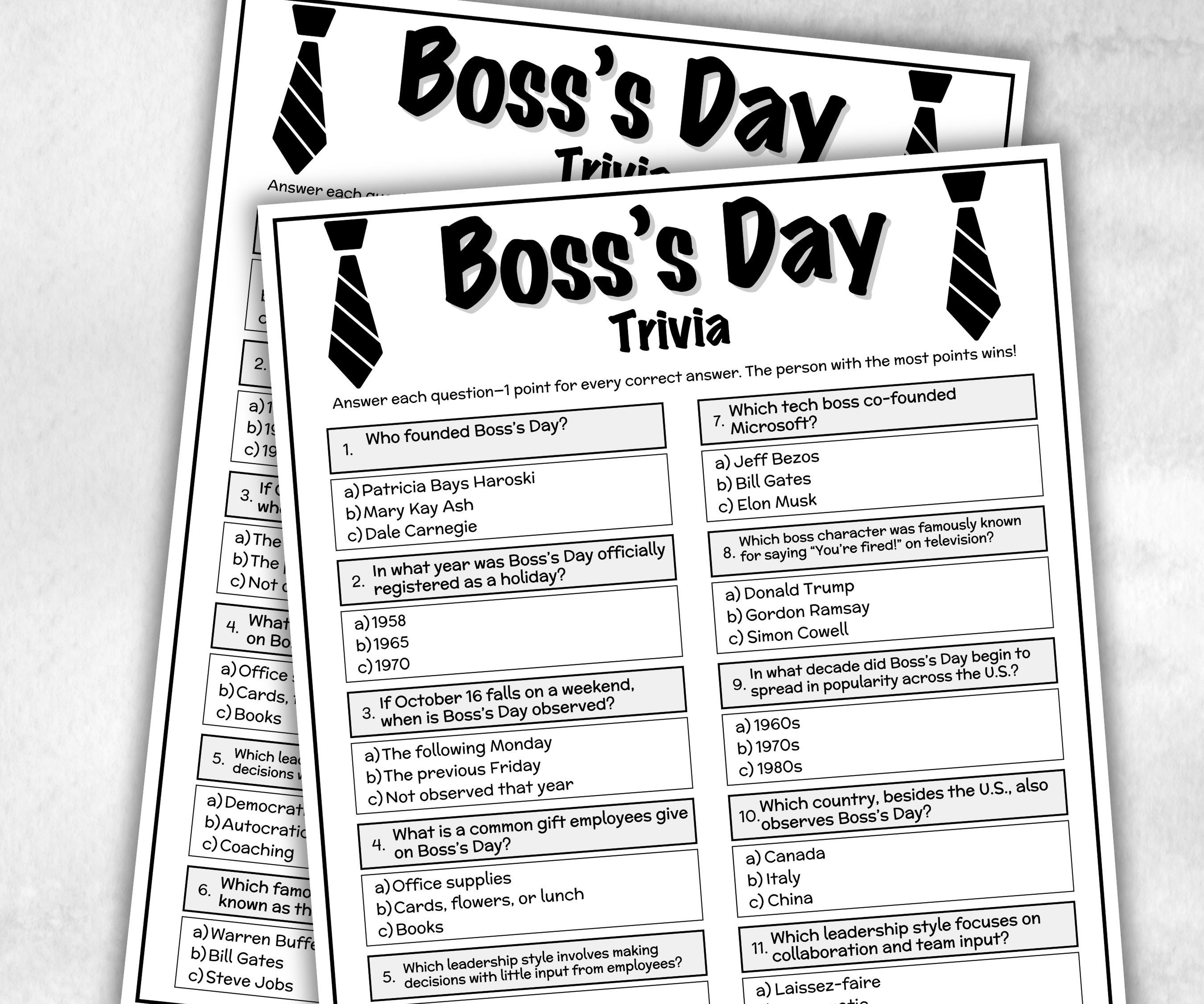 Boss's Day Trivia, Office Team Building Games, Coworker Activity, Happy Hour Office Party, Teammate Workmate Worker Holiday Quiz, Boss Game-Holidays -TheHustlingCatLady-Party Games