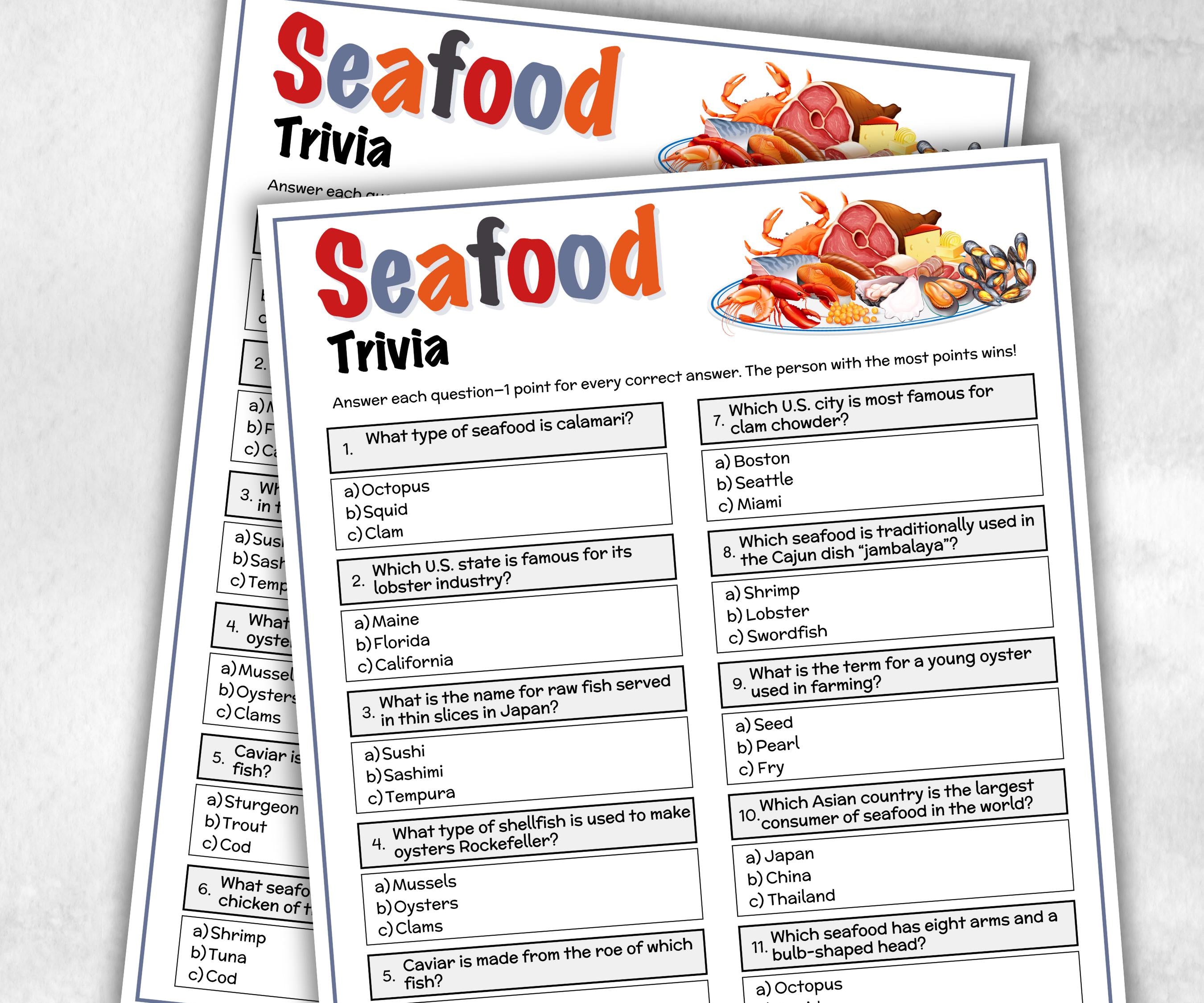 Seafood Trivia, Lake Beach, Camping Campground, Going Away Vacation, Indoor Outdoor Summer Cookout, Seafood Boil, Travel Quiz Questions-Holidays -TheHustlingCatLady-Party Games