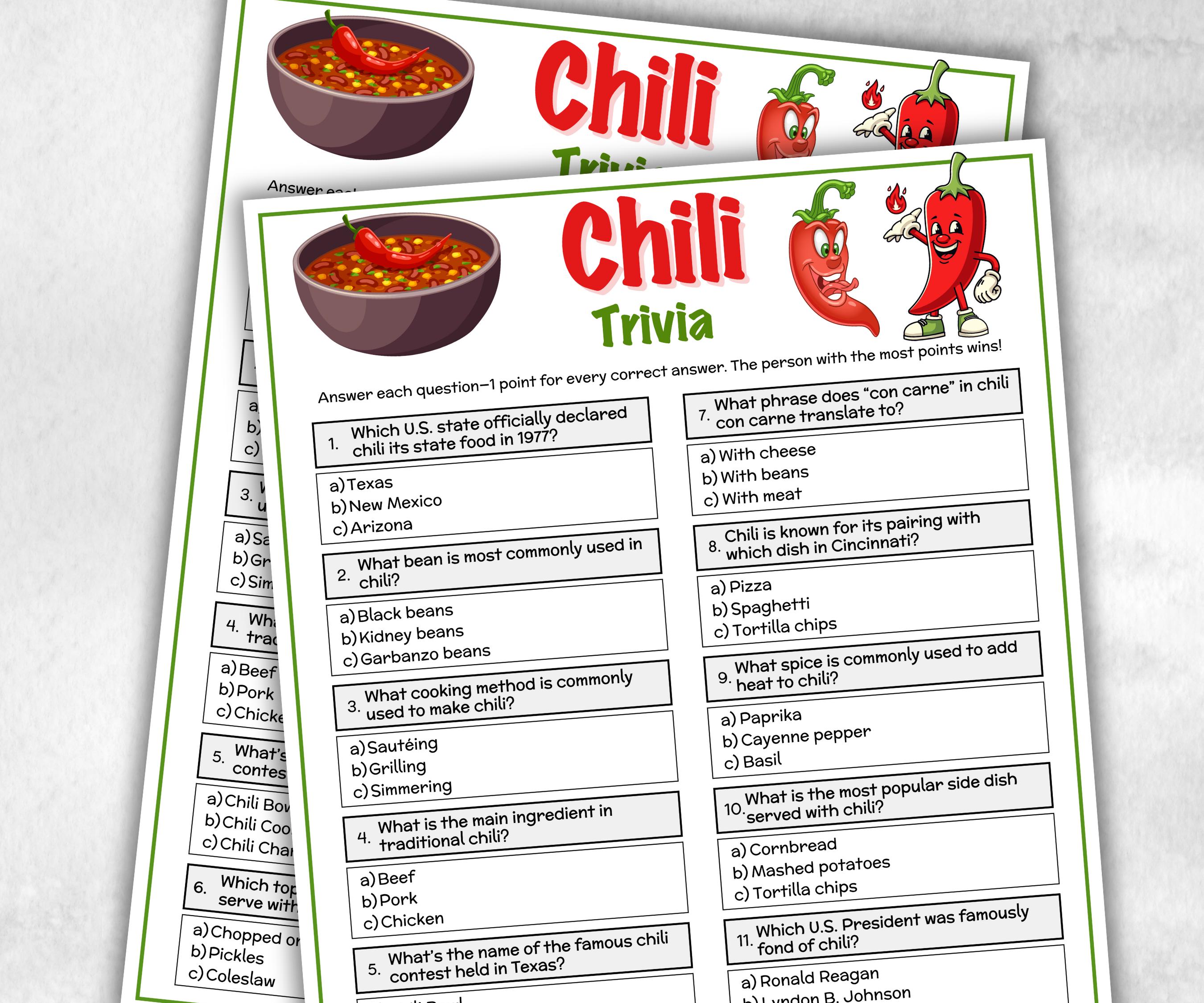 Chili Trivia Game, Chili Cook Off Ideas, Chili Competition, Chili Bar Theme, Chili Potluck Party, Chili Cook Off Game, Chili Ballots, Trivia-Holidays -TheHustlingCatLady-Party Games
