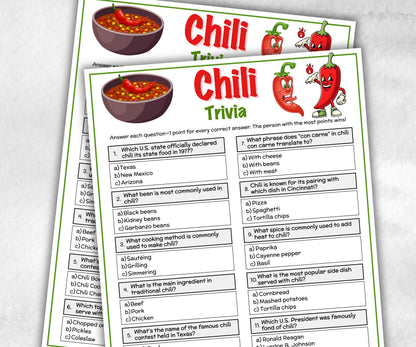 Chili Trivia Game, Chili Cook Off Ideas, Chili Competition, Chili Bar Theme, Chili Potluck Party, Chili Cook Off Game, Chili Ballots, Trivia-Holidays -TheHustlingCatLady-Party Games