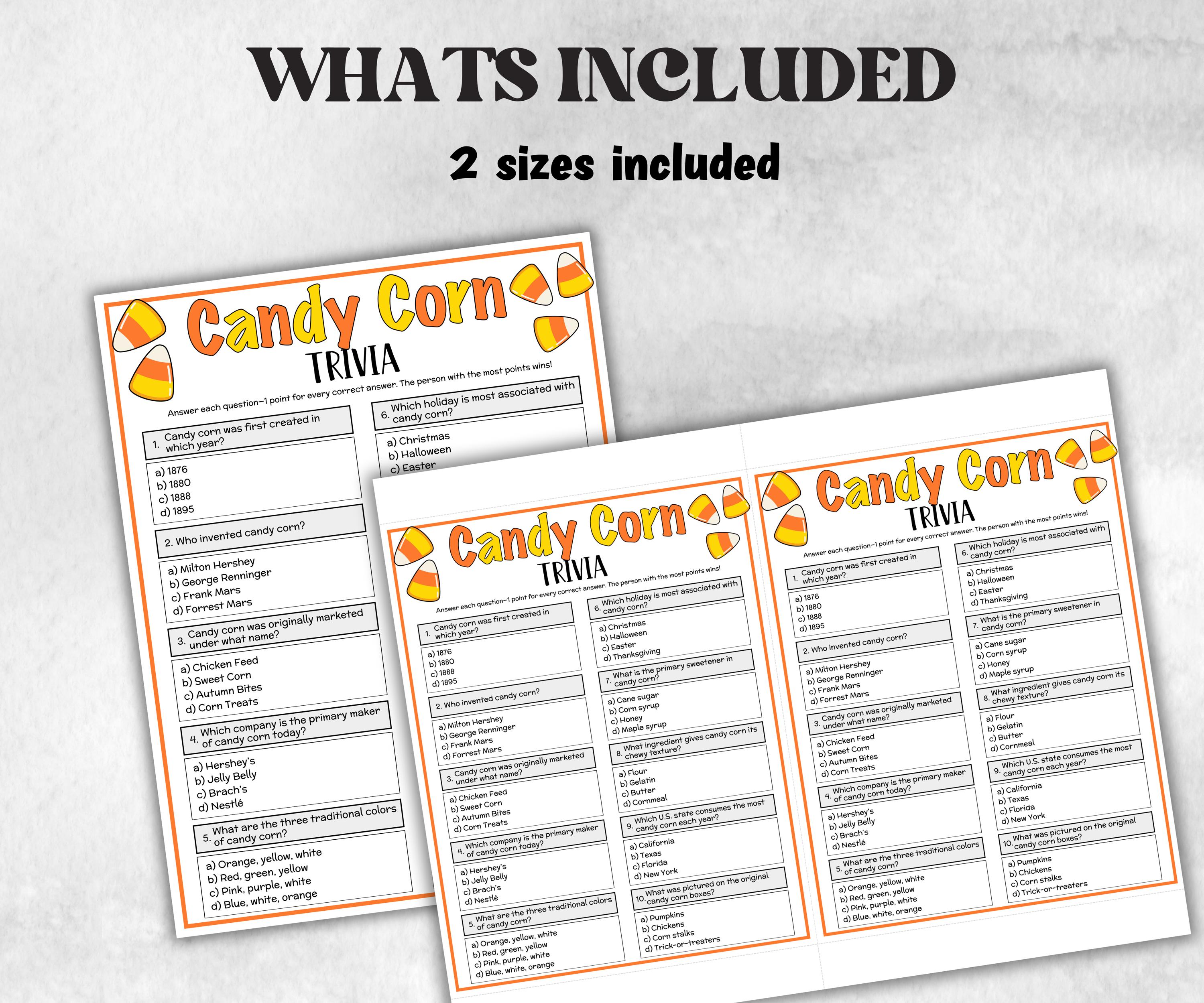 Printable Candy Corn Trivia, Halloween Fall Theme Birthday Activity, Seniors Trivia Game Night, Family Reunion, Ladies night summer Spring-Holidays -TheHustlingCatLady-Party Games