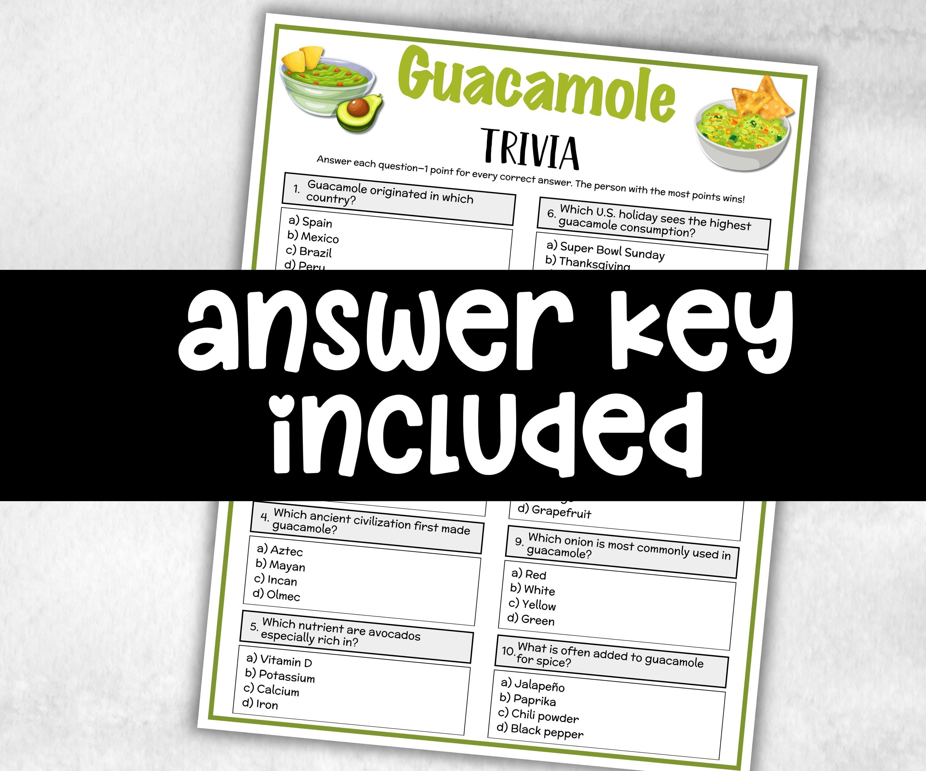 Printable Guacamole Trivia, Mexican Fiesta Fun Theme Birthday Activity, Seniors Trivia Night, Family Reunion, Spanish Fiesta, Cinco De Mayo-Holidays -TheHustlingCatLady-Party Games