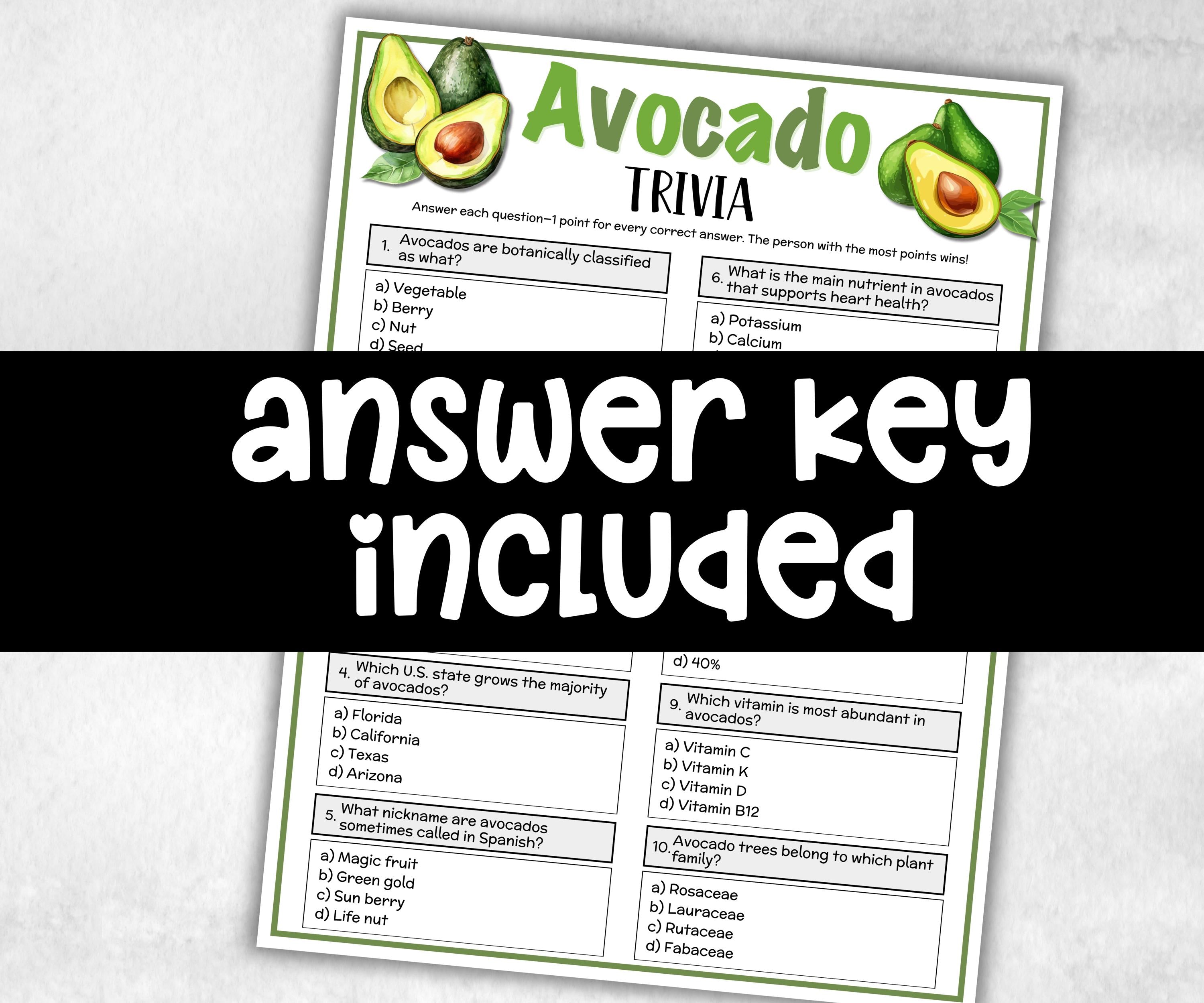 Printable Avacado Trivia, Mexican Fiesta Fun Theme Birthday Activity, Seniors Trivia Night, National Avocado Day, Spanish, Cinco De Mayo-Holidays -TheHustlingCatLady-Party Games