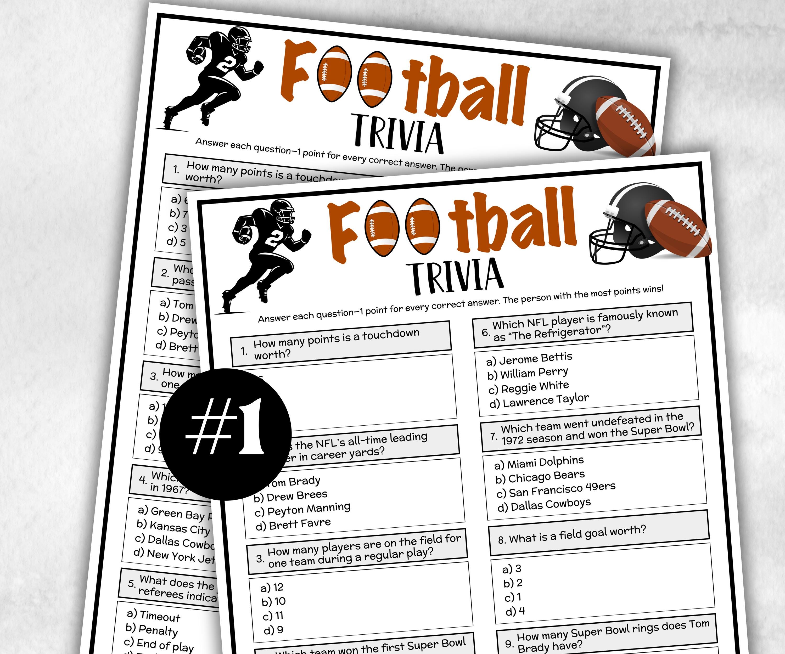 Printable Football Trivia, Sports Themed Birthday, Super bowl Squares party, Athletic Game, summer Spring fall, reunion, football playoff-Holidays -TheHustlingCatLady-Party Games