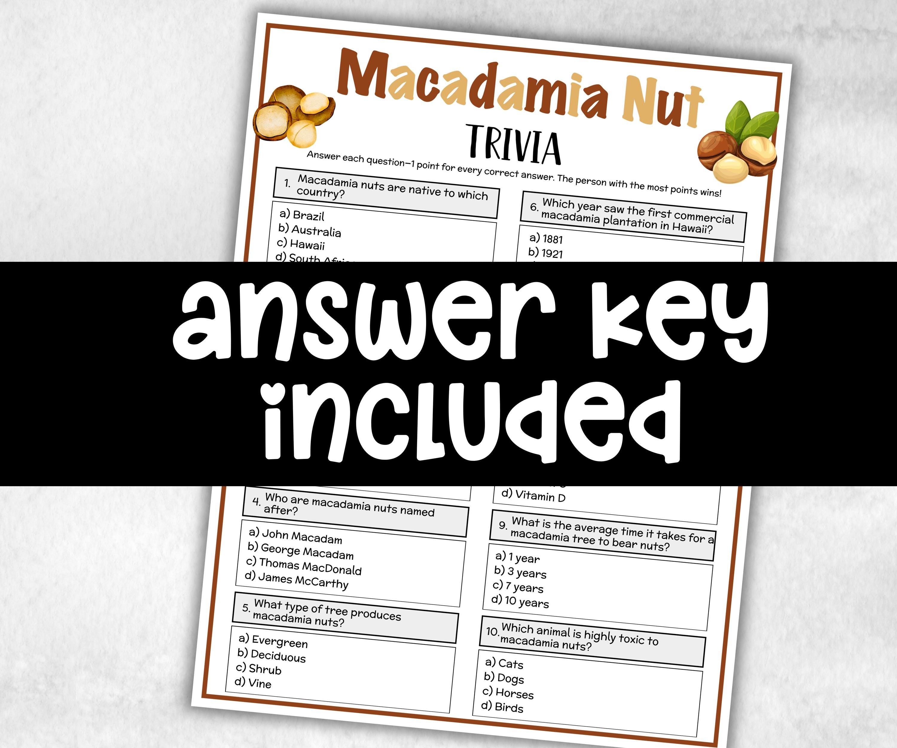 Printable Macadamia Nut Trivia, Nut Theme Birthday, Seniors Trivia, summer Spring, Sunday School, Women Ministry Church, National nut day-Holidays -TheHustlingCatLady-Party Games