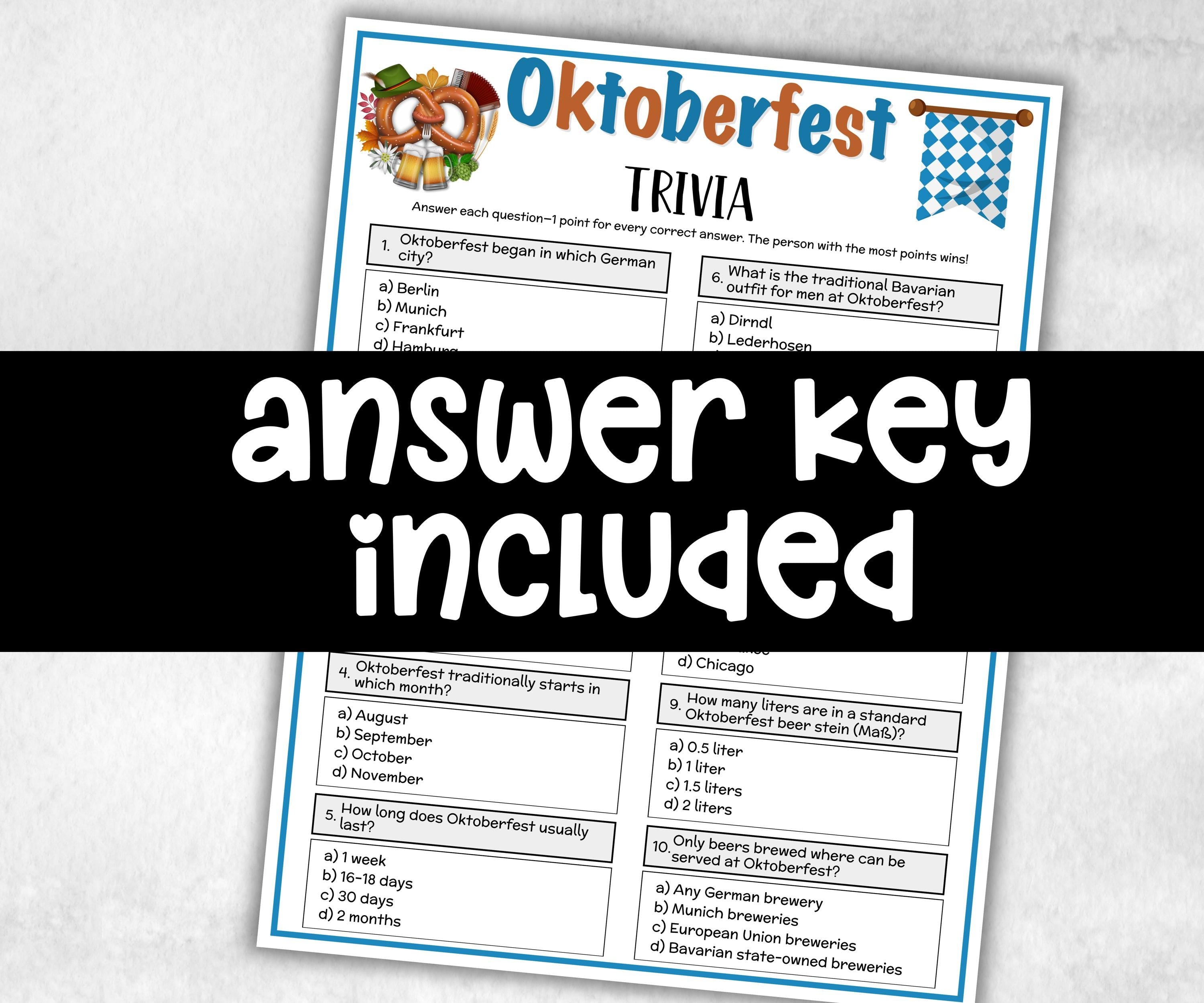 Printable Oktoberfest Trivia, Beer Theme Birthday, Seniors Trivia Night, summer Spring, Sunday School, Beer Festival, Pretzel Party,bavarian-Holidays -TheHustlingCatLady-Party Games