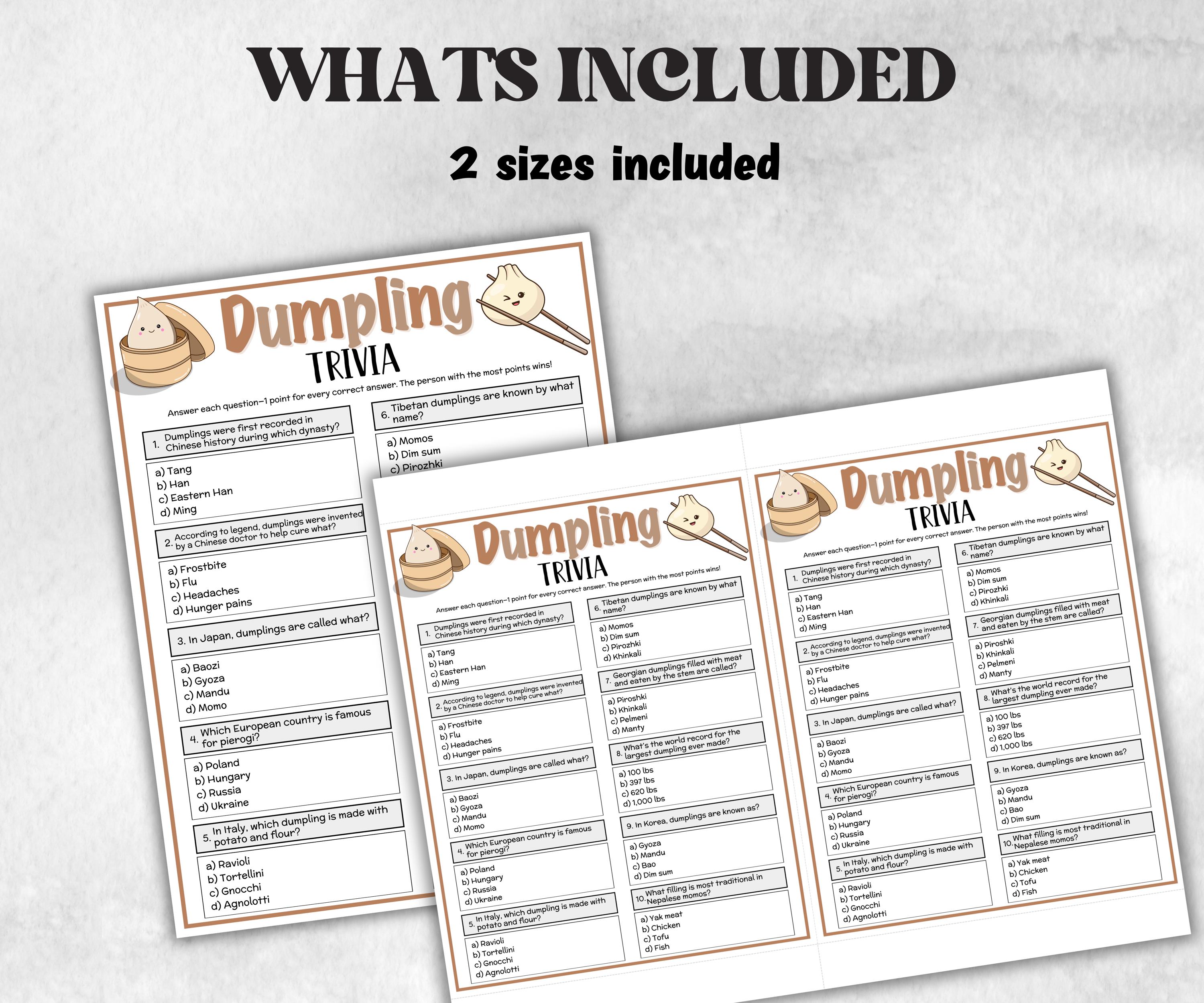 Dumpling Trivia, Asian Theme Birthday, Senior Trivia Night, summer Spring, Sunday School, Women Ministry, Chinese Baby Shower, xiao long bao-Holidays -TheHustlingCatLady-Party Games
