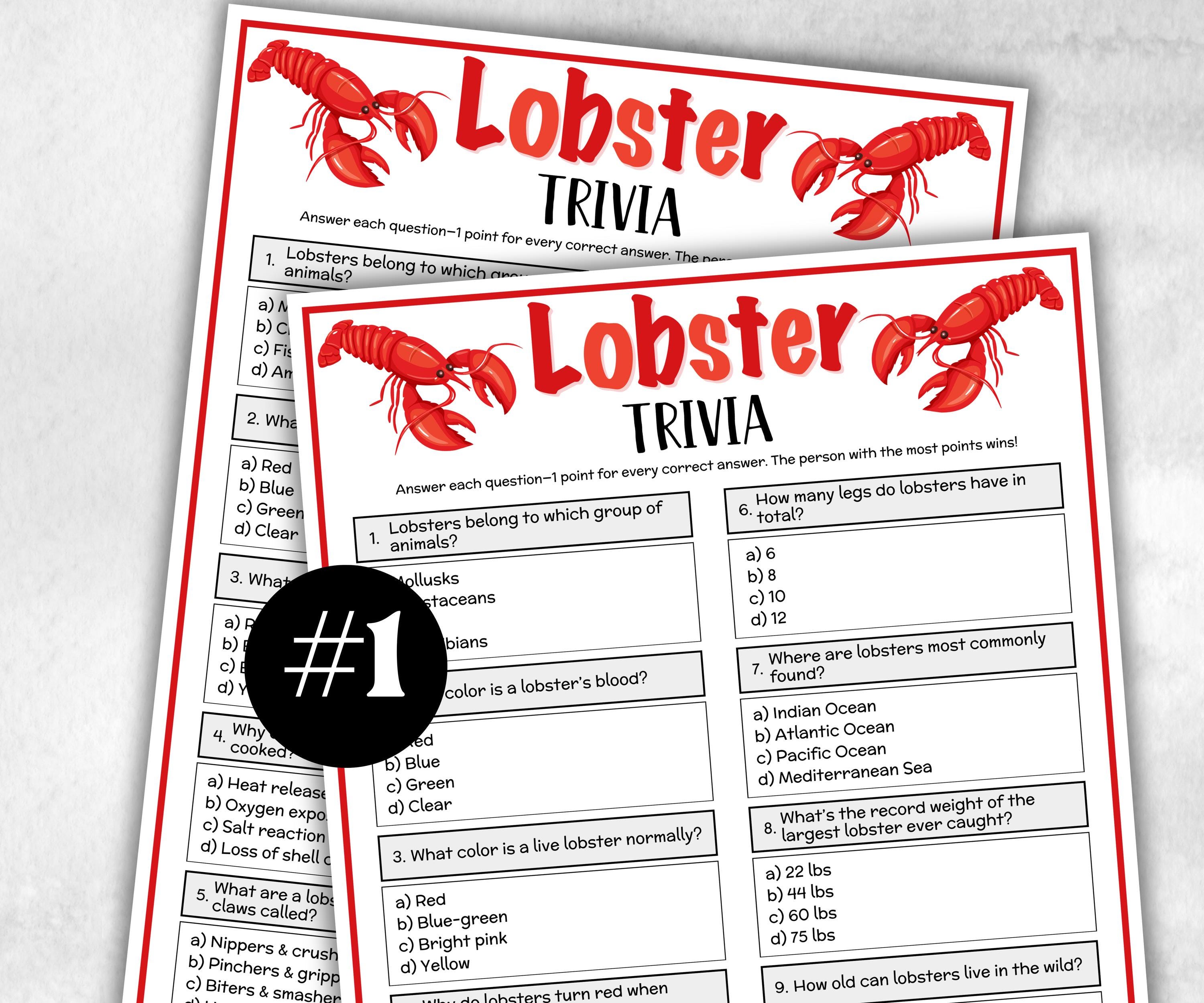 Printable Lobster Trivia, Lobster Theme Birthday, Seniors Trivia Night, summer Spring, Sunday School, Women Ministry, Blue Crab Game, church-Holidays -TheHustlingCatLady-Party Games