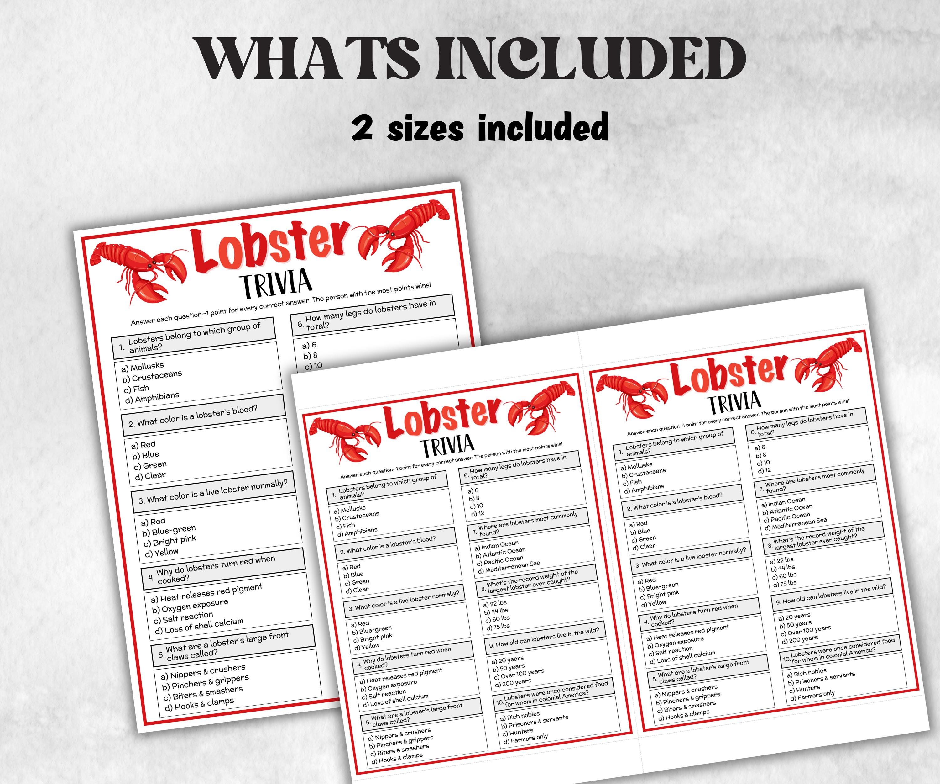 Printable Lobster Trivia, Lobster Theme Birthday, Seniors Trivia Night, summer Spring, Sunday School, Women Ministry, Blue Crab Game, church-Holidays -TheHustlingCatLady-Party Games