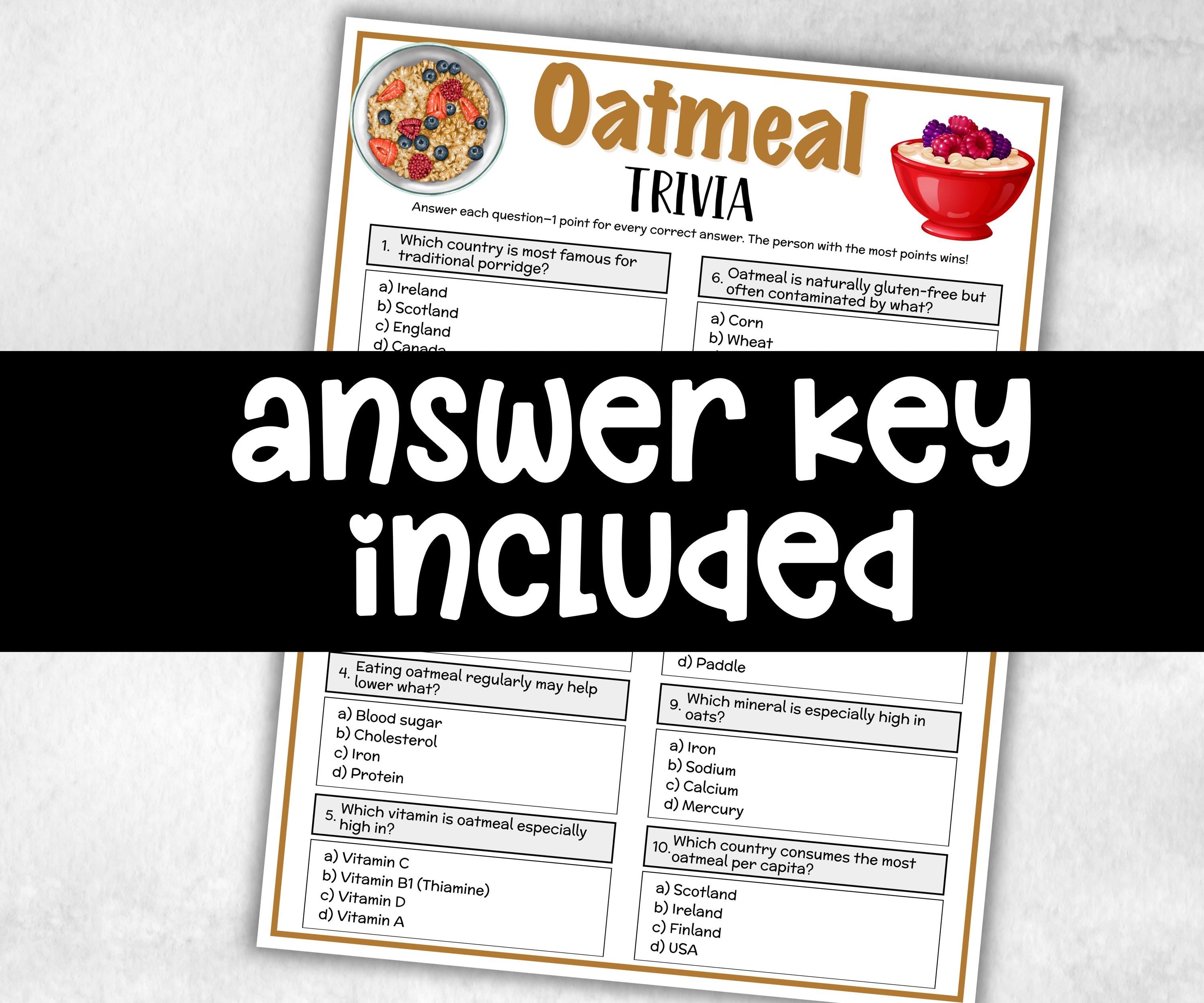 Printable Oatmeal Trivia, Breakfast Theme Birthday, Seniors Trivia Night, summer Spring, Sunday School, Women Ministry, cute Babyshower game-Holidays -TheHustlingCatLady-Party Games