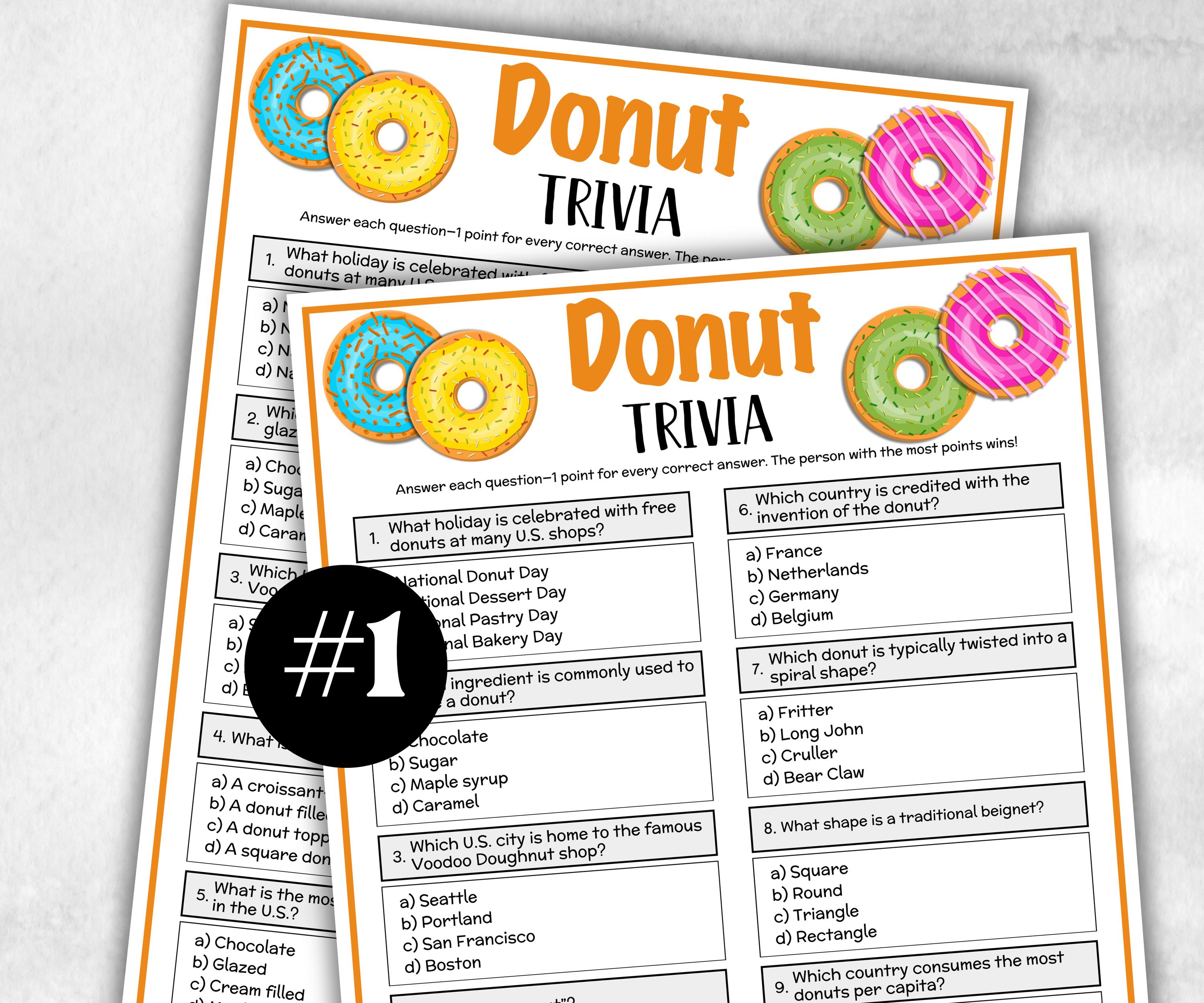 Printable Donut Trivia, Theme Birthday, Senior Trivia Night, summer Spring, Sunday School, Women Ministry, Sweets Baby Shower, bridal shower-Holidays -TheHustlingCatLady-Party Games