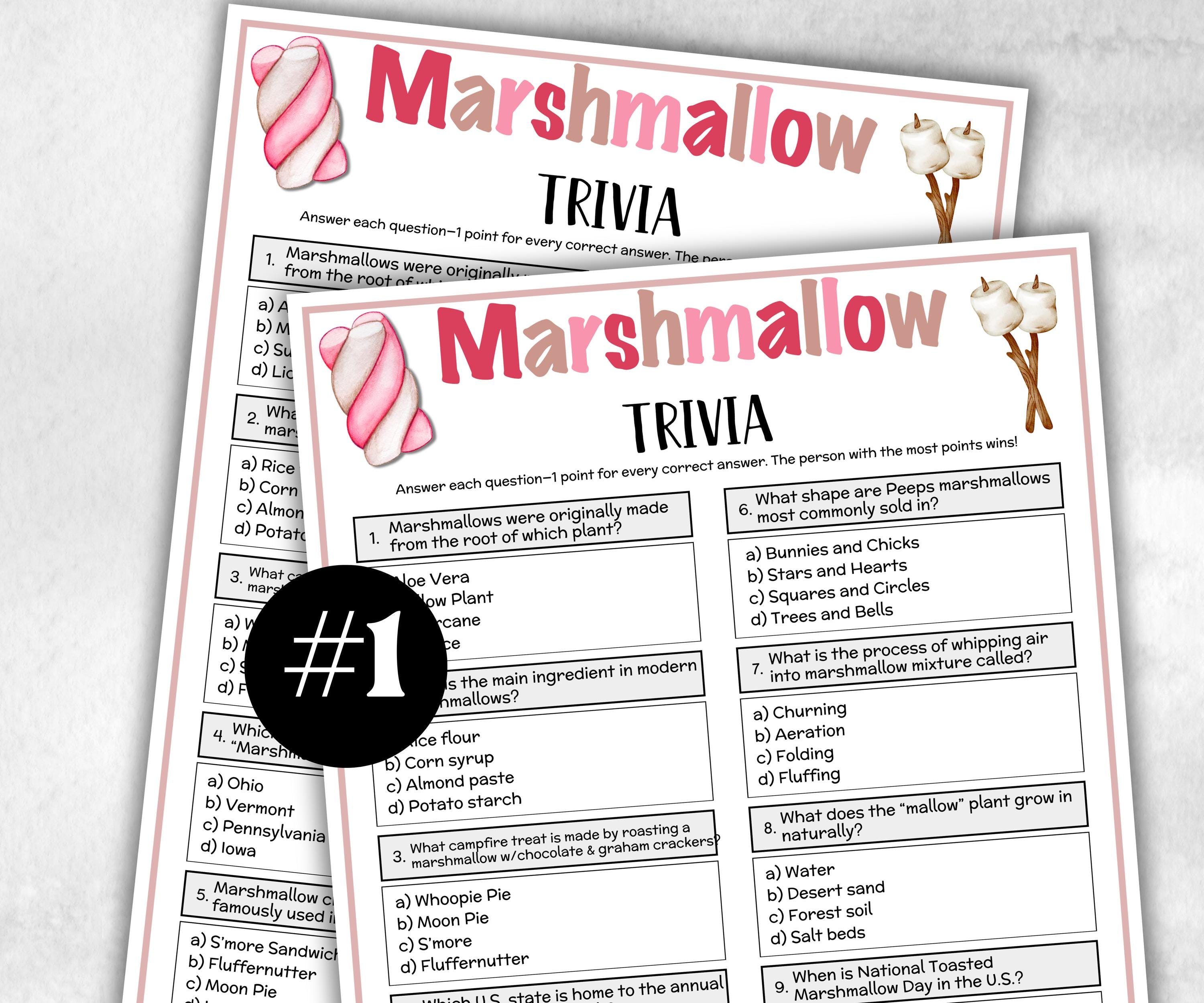 Marshmallow Trivia, Camping theme Birthday, Senior Trivia Night, summer Spring, Sunday School, Women Ministry, Sweets Baby Shower, S'mores-Holidays -TheHustlingCatLady-Party Games