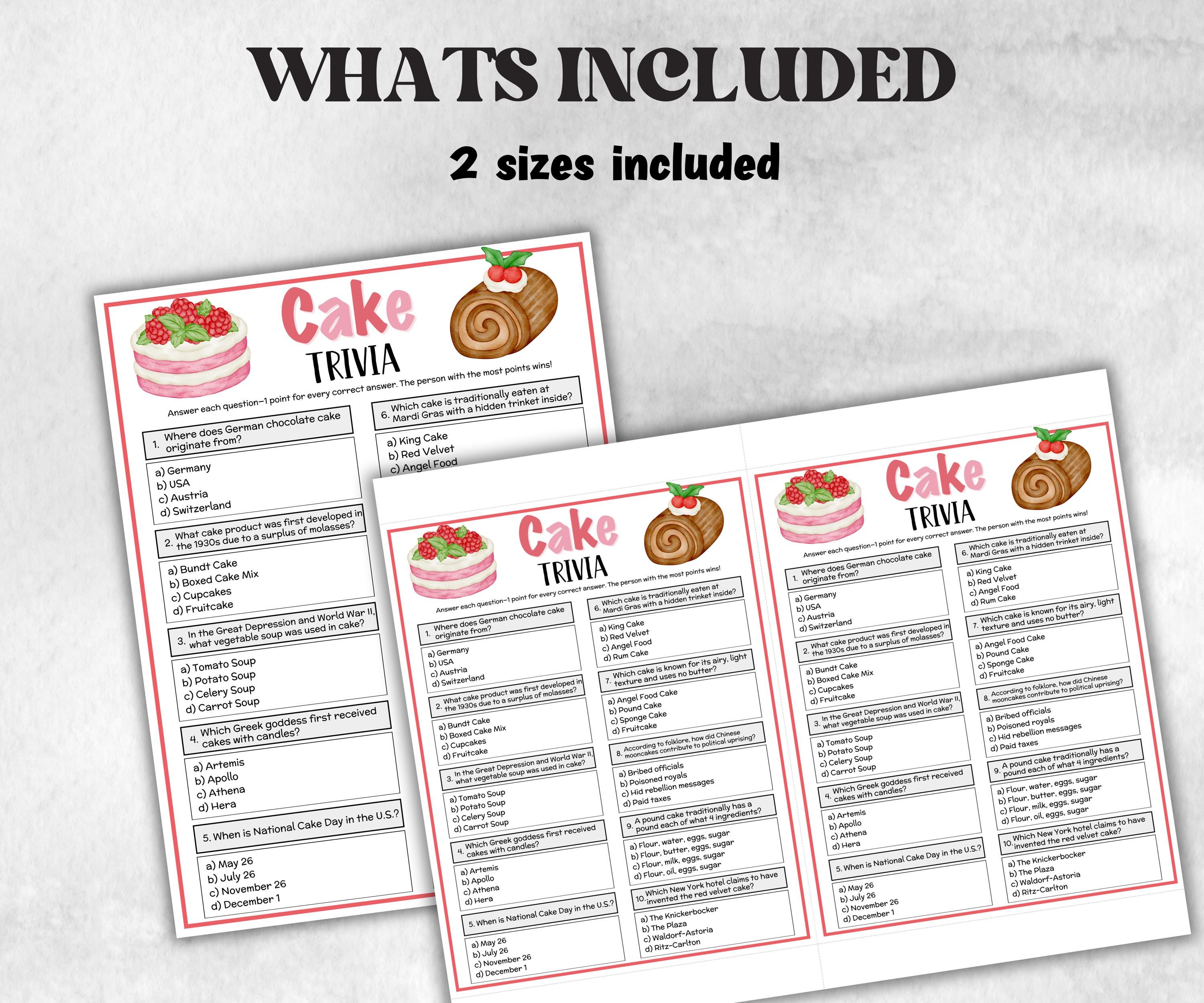 Printable Cake Trivia, Cake Theme Birthday, Senior Trivia Night, summer Spring, Sunday School, Women Ministry, Sweets Baby Shower, Sprinkles-Holidays -TheHustlingCatLady-Party Games