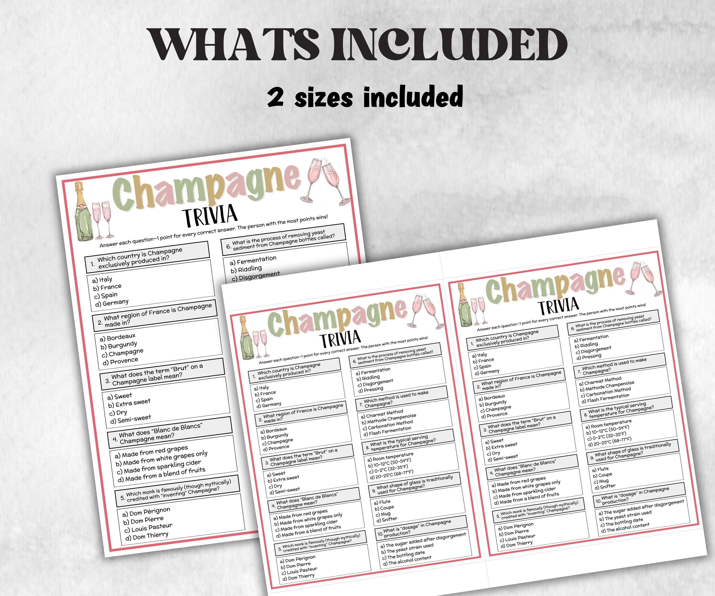 Champagne Trivia, alcohol Theme Birthday, Senior Trivia Night, summer Spring, Sunday School, Women Ministry, Sweets Baby Shower, Wedding fun-Holidays -TheHustlingCatLady-Party Games