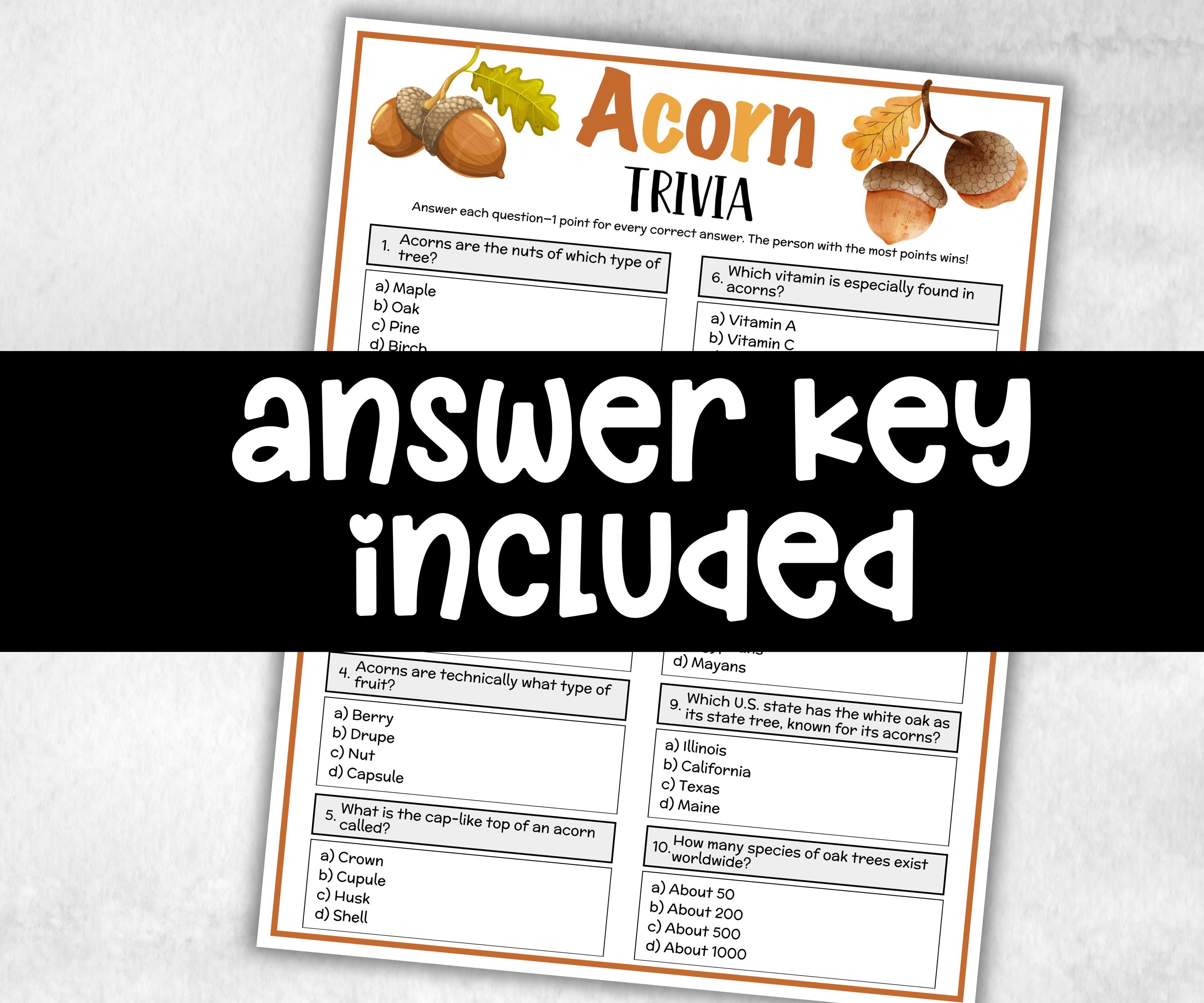 Acorn Trivia, Fall winter Theme birthday, Seniors Trivia Night, Sunday School, Women Ministry, xmas family reunion, National Acorn day, Nut-Holidays -TheHustlingCatLady-Party Games