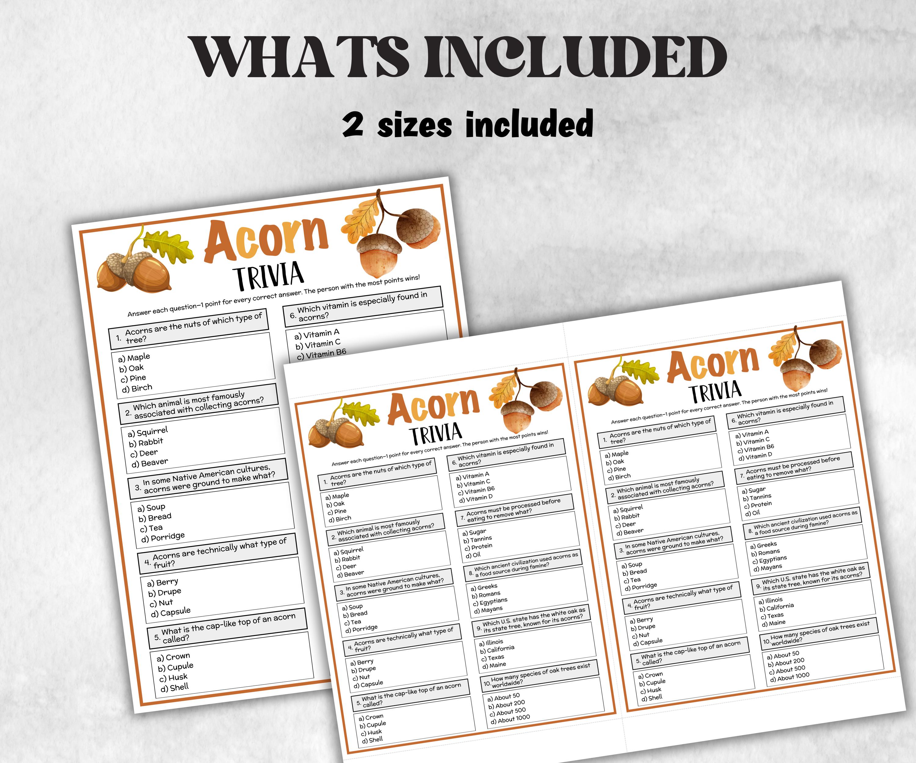 Acorn Trivia, Fall winter Theme birthday, Seniors Trivia Night, Sunday School, Women Ministry, xmas family reunion, National Acorn day, Nut-Holidays -TheHustlingCatLady-Party Games