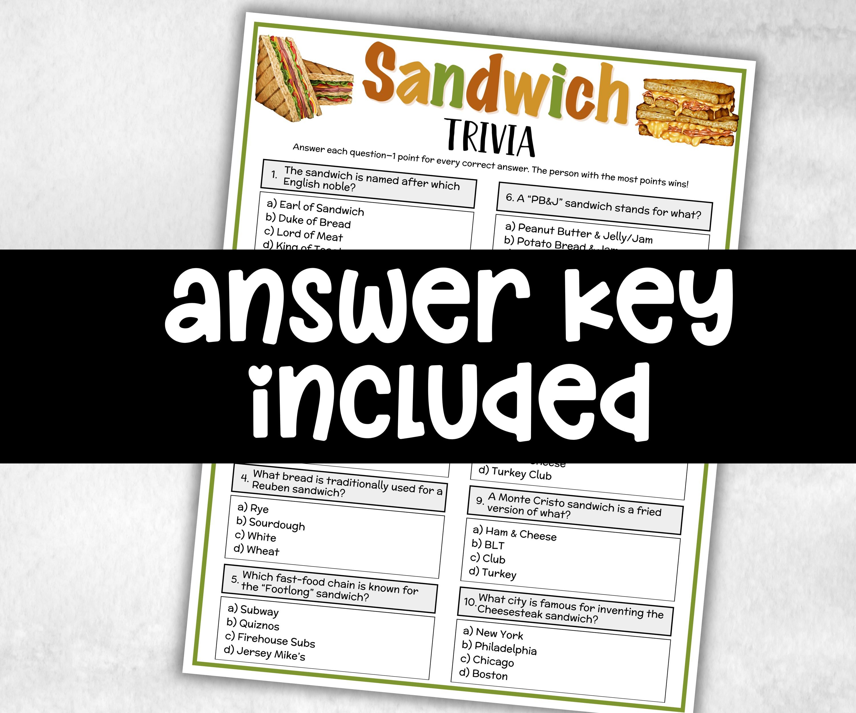 Sandwich Trivia, Breakfast Theme Birthday, Seniors Trivia Night, Sunday School, Women Ministry, xmas family reunion, fall autumn, going away-Holidays -TheHustlingCatLady-Party Games