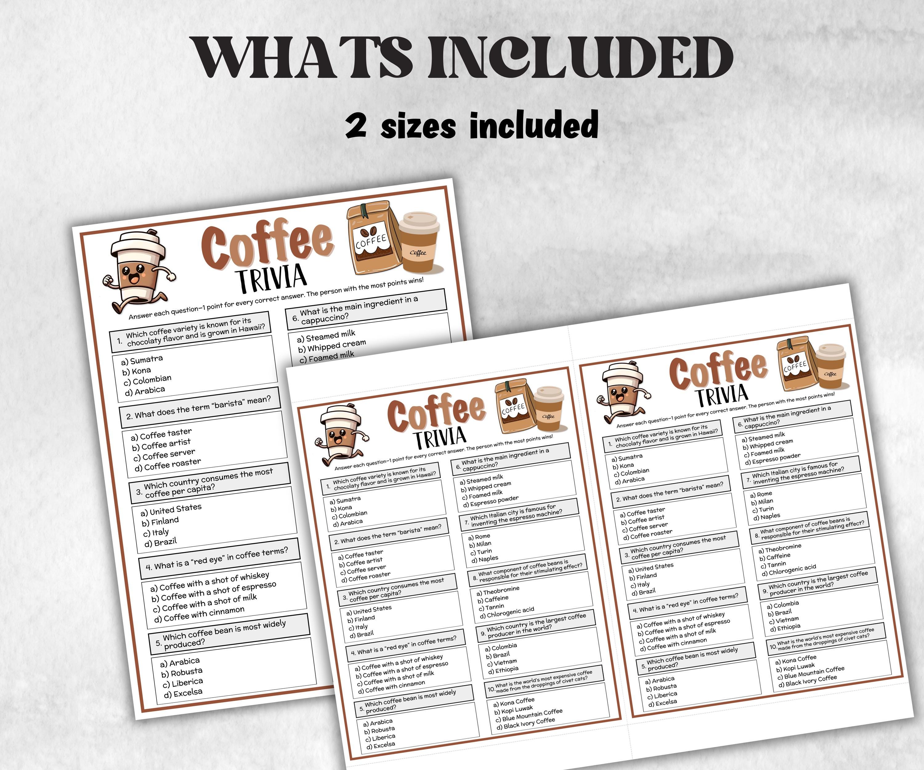 Coffee Trivia, Beverage Theme Birthday, Seniors Trivia Night, Sunday School, Women Ministry, family reunion, espresso game, first birthday-Holidays -TheHustlingCatLady-Party Games