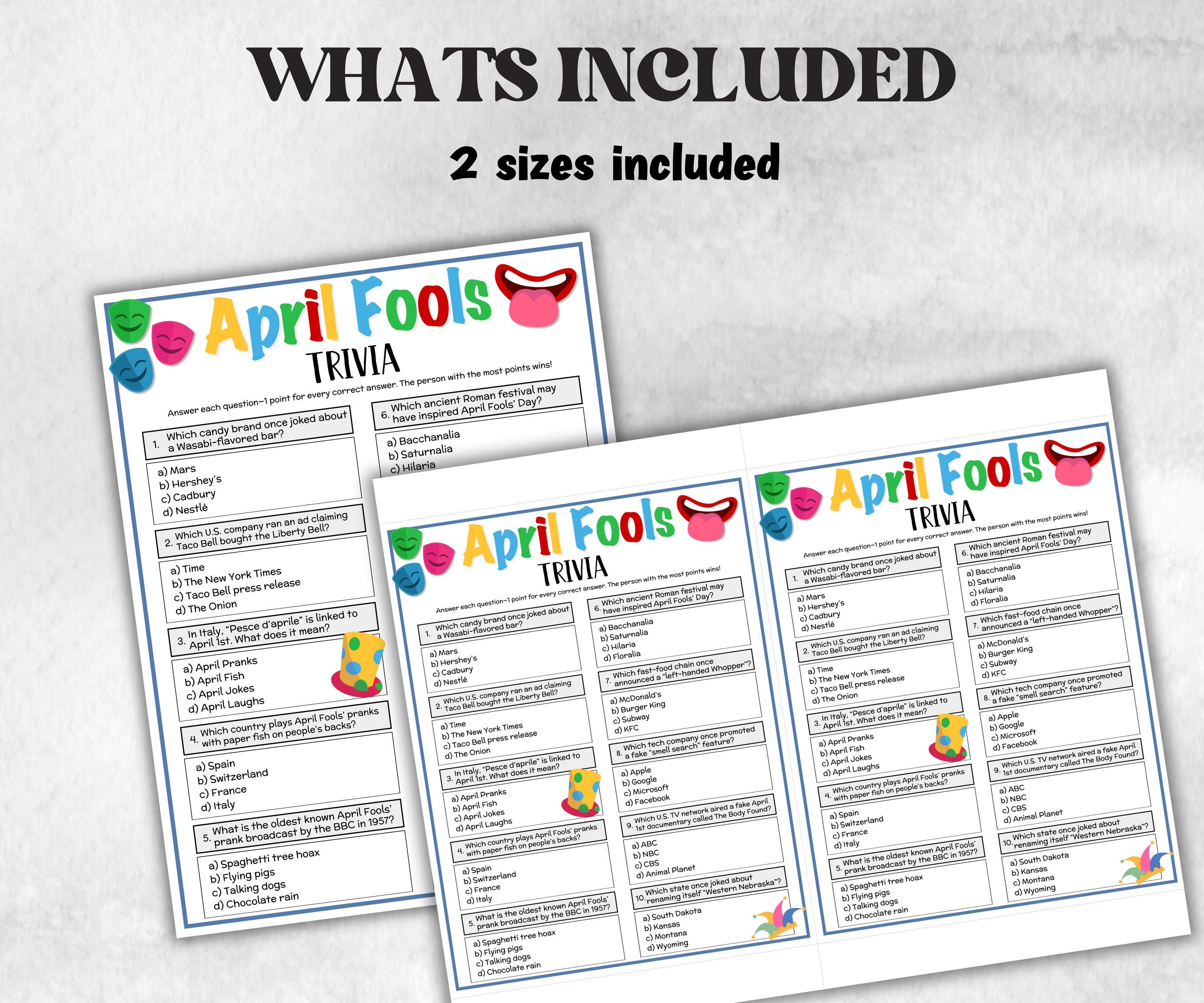 April Fools Trivia, Funny Theme Birthday, Seniors Trivia Night, Sunday School, Women Ministry, family reunion, April birthday, summer spring-Holidays -TheHustlingCatLady-Party Games