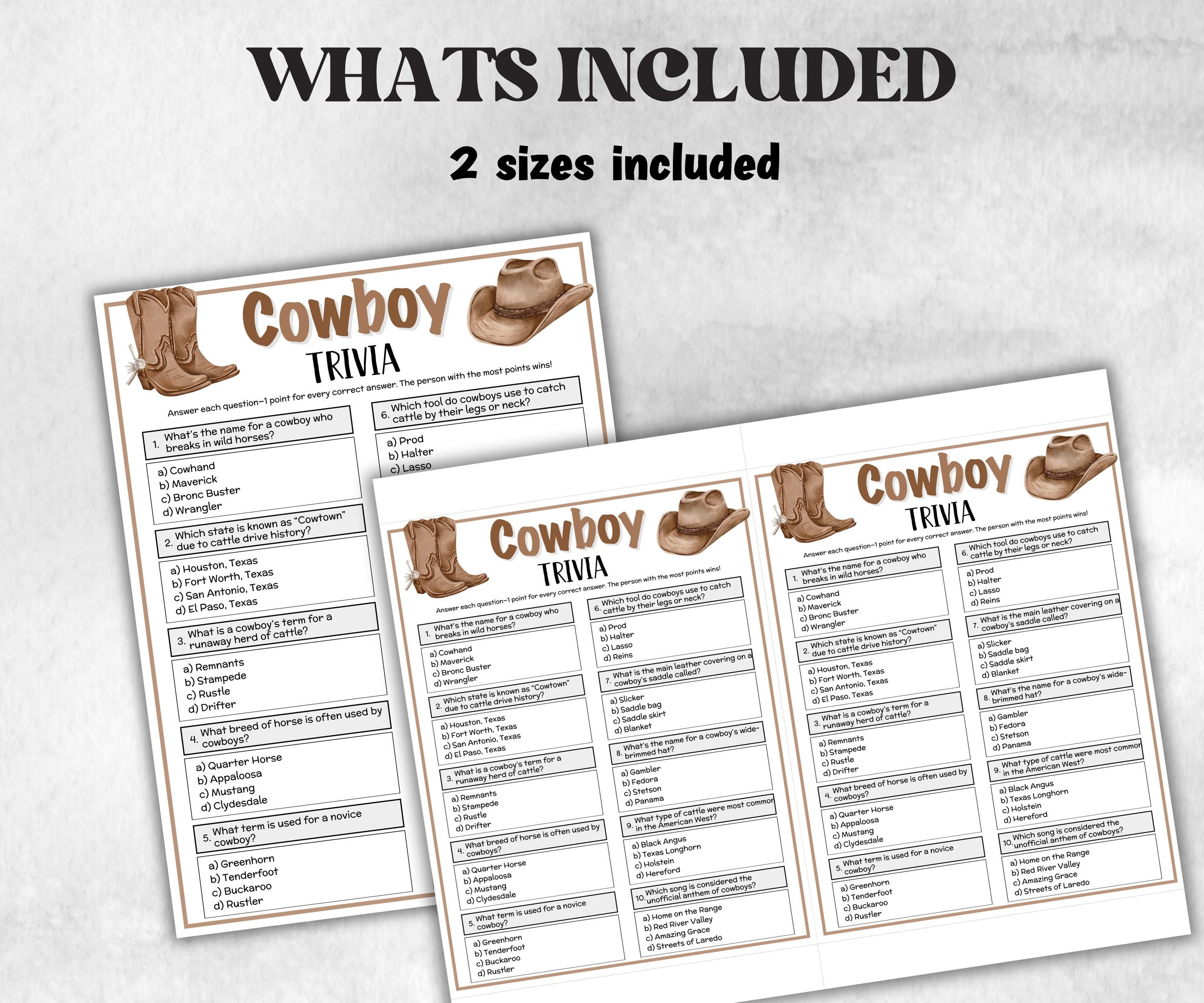 Cowboy Trivia, Lasso Theme Birthday, Seniors Trivia Night, Sunday School, family reunion game, first birthday, Rodeo Texas Mexican Ranch fun-Holidays -TheHustlingCatLady-Party Games