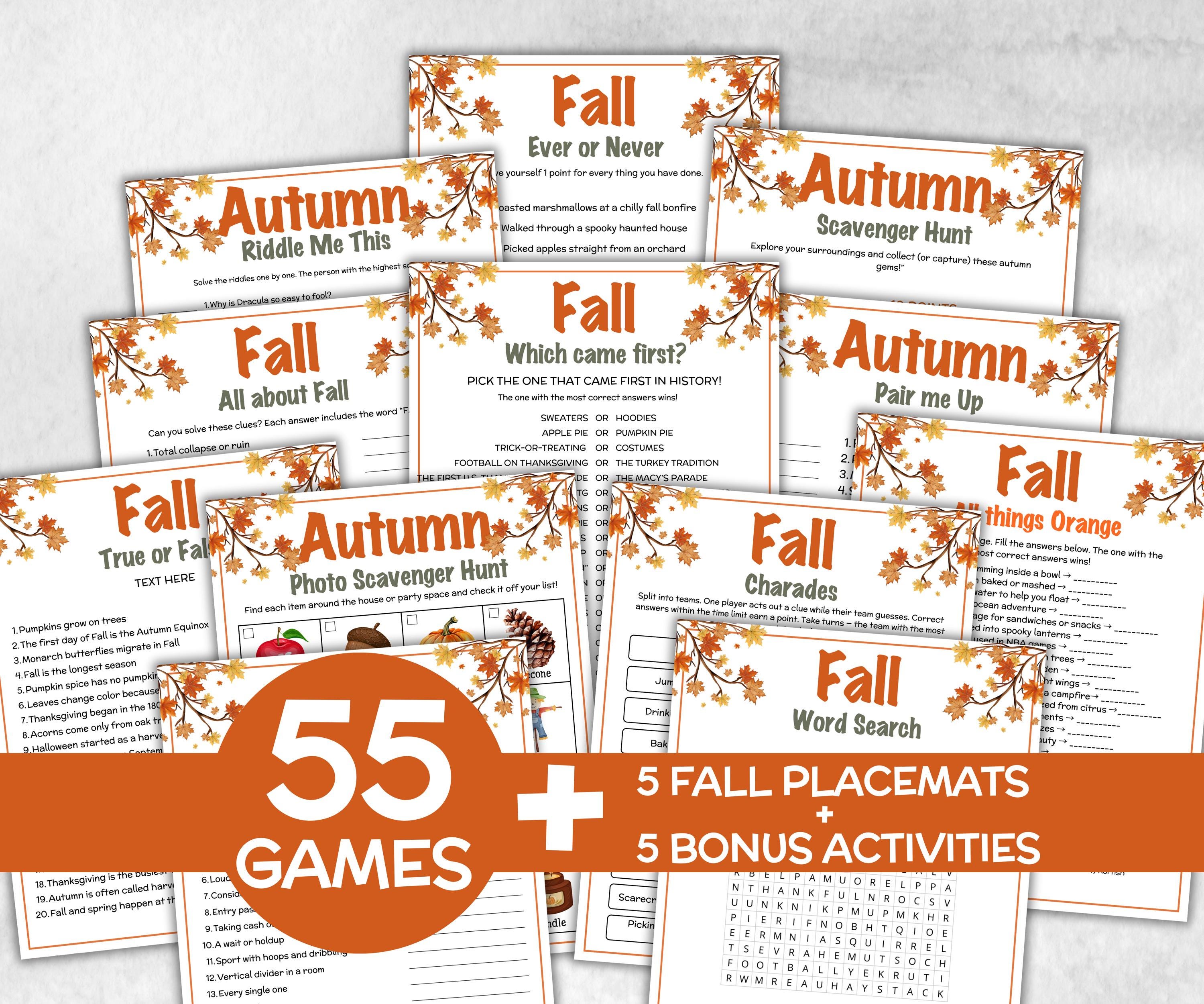 Fall Games Bundle, fall Season, Autumn Match UpTrivia Game, , Senior Game night, family game activity, Kids Teen Adult party guess games-Thanksgiving -TheHustlingCatLady-Party Games