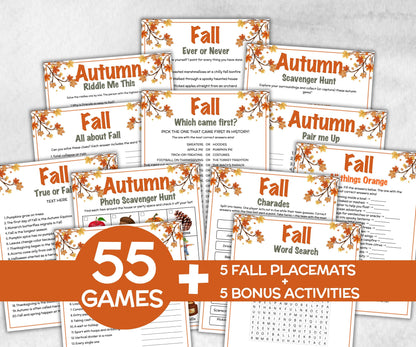 Fall Games Bundle, fall Season, Autumn Match UpTrivia Game, , Senior Game night, family game activity, Kids Teen Adult party guess games-Thanksgiving -TheHustlingCatLady-Party Games