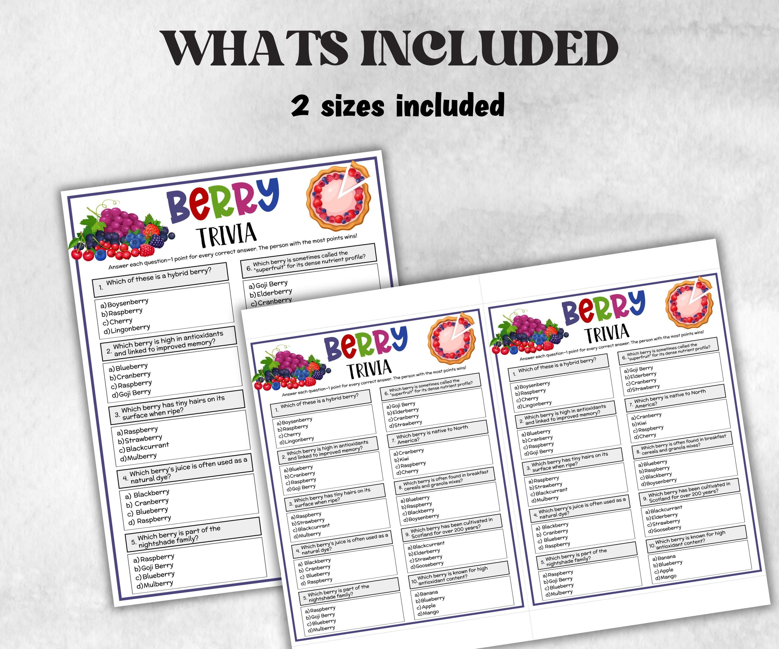Berry Printable Trivia, Berry Sweet Baby, First Birthday Game, Girl Baby Shower, bridal shower, seniors trivia quiz, school classroom, kids-Holidays -TheHustlingCatLady-Party Games