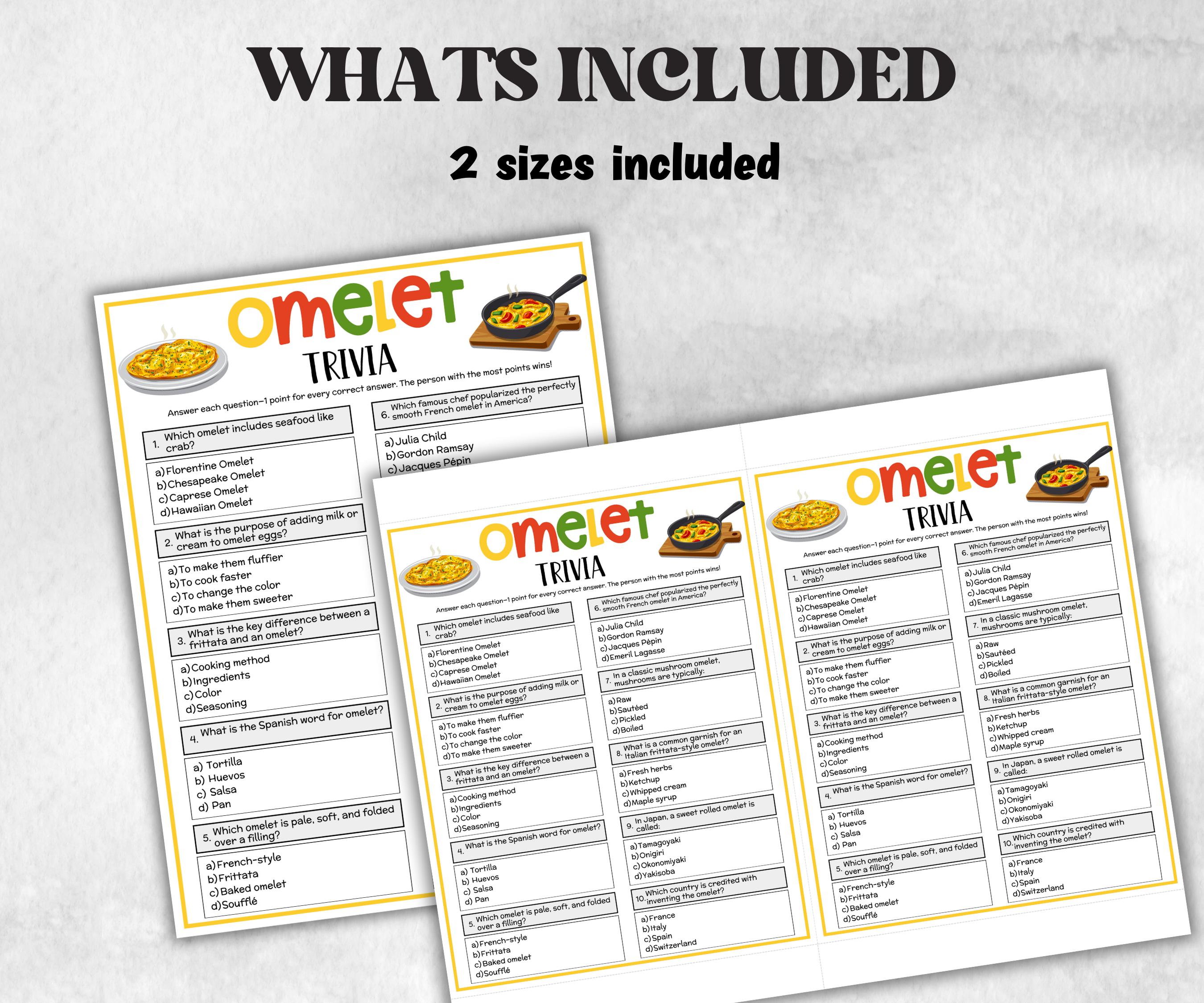 Omelette Trivia Quiz, National Omelet Day, Brunch Baby Shower, Brunch trivia, Church activity, Teen Sleepover Party, school classroom game-Holidays -TheHustlingCatLady-Party Games