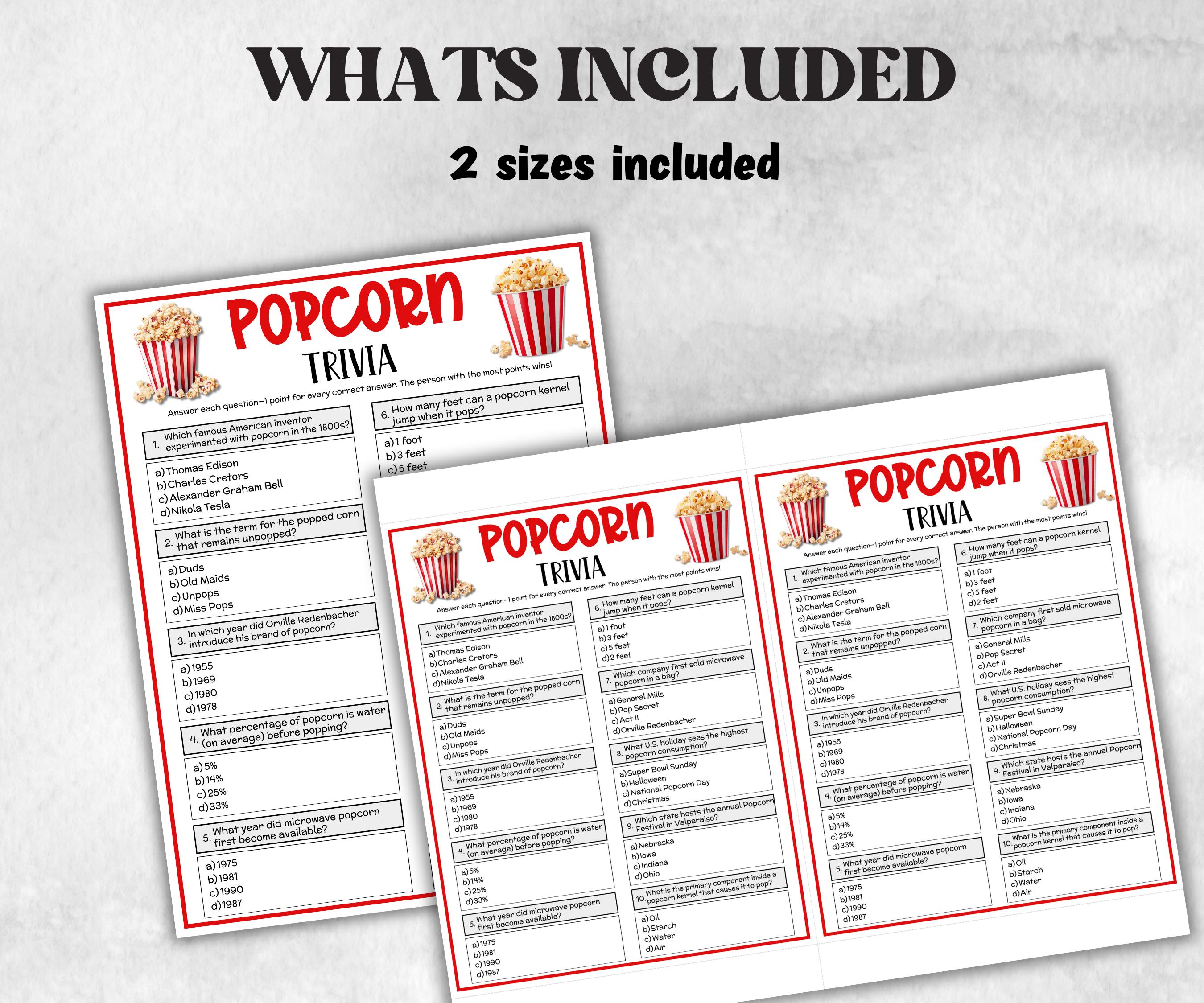 Popcorn Trivia, Movie Night, Popcorn Bar Activity, Family Game Night, Fast Food Trivia, Church Activity, Award Ceremony, Ready To Pop Quiz-Holidays -TheHustlingCatLady-Party Games